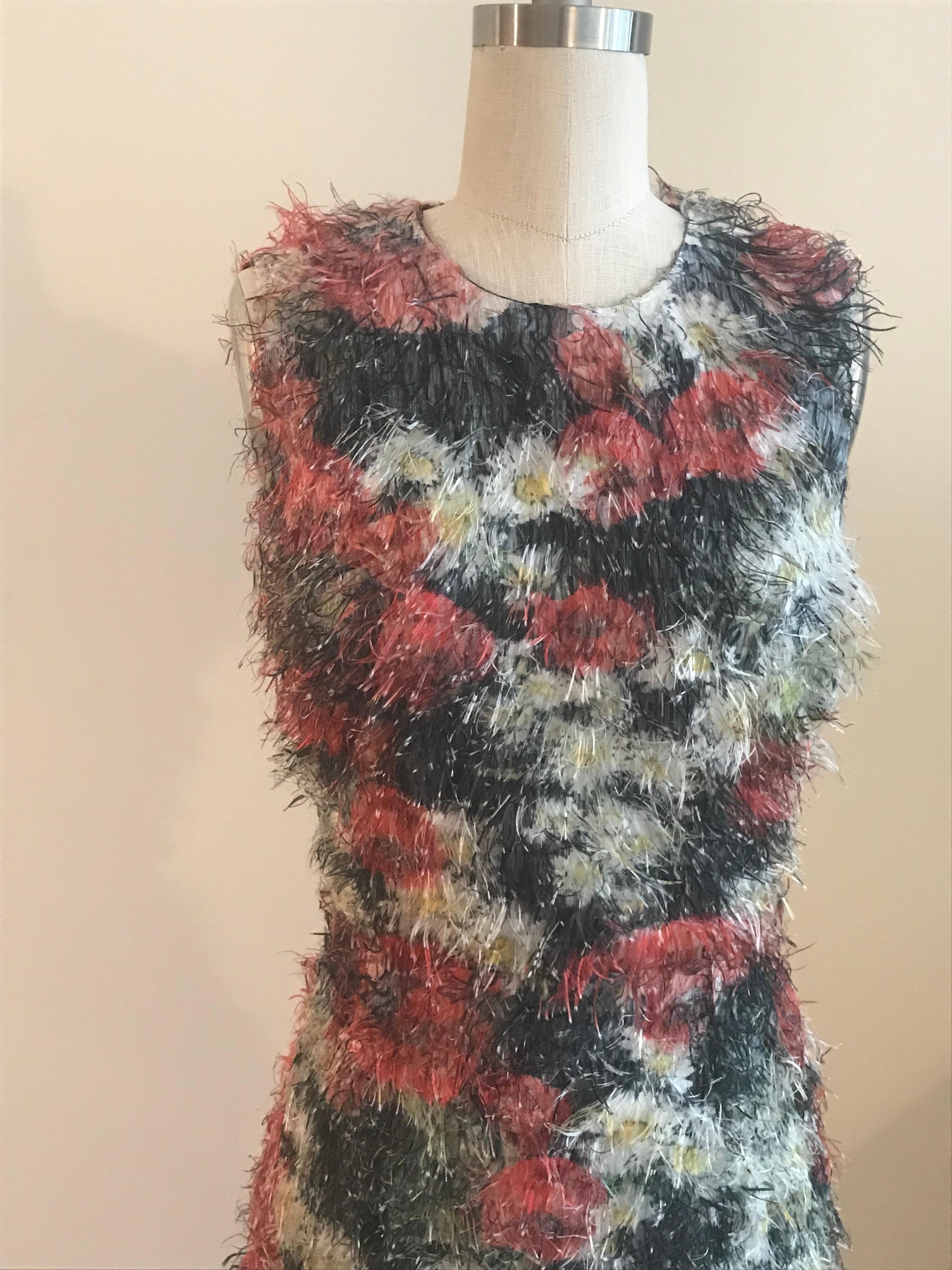 Dolce & Gabbana Fuzzy Floral Fringe Midi Sleeveless Pencil Dress In New Condition In San Francisco, CA