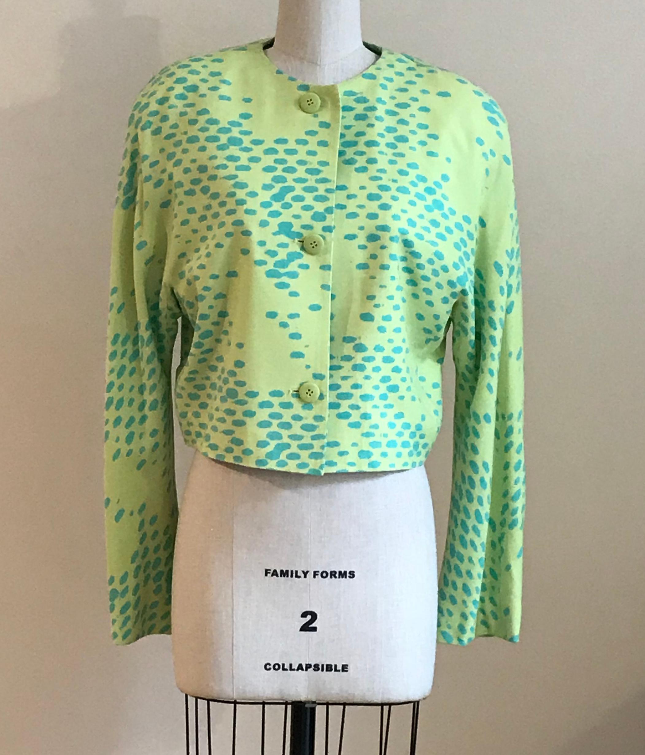 Stephen Sprouse vintage 1980s dayglo green-yellow and robin's egg blue painterly spotted long sleeve short jacket. From the designer's 'Sprouse' line. Super soft fabric, padded at shoulders, three buttons at front. 

95% rayon, 5% silk.
Lined in 51%