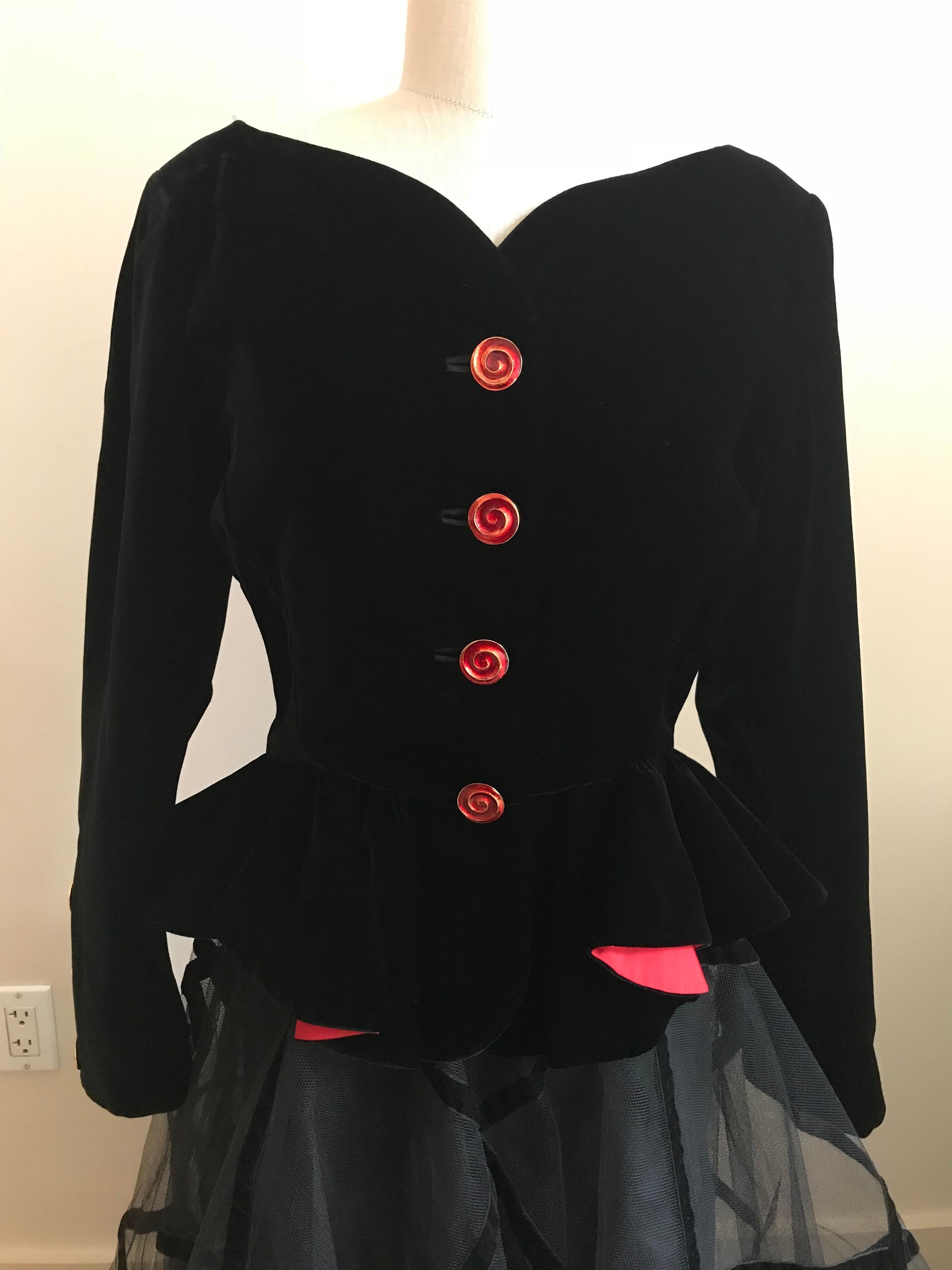 Yves Saint Laurent 1990s Rive Gauche Black Velvet Jacket Tulle Ball Skirt Suit 1