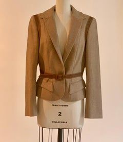 Alexander McQueen 2007 Tan Leather Trim Metallic Accent Tweed Blazer Jacket