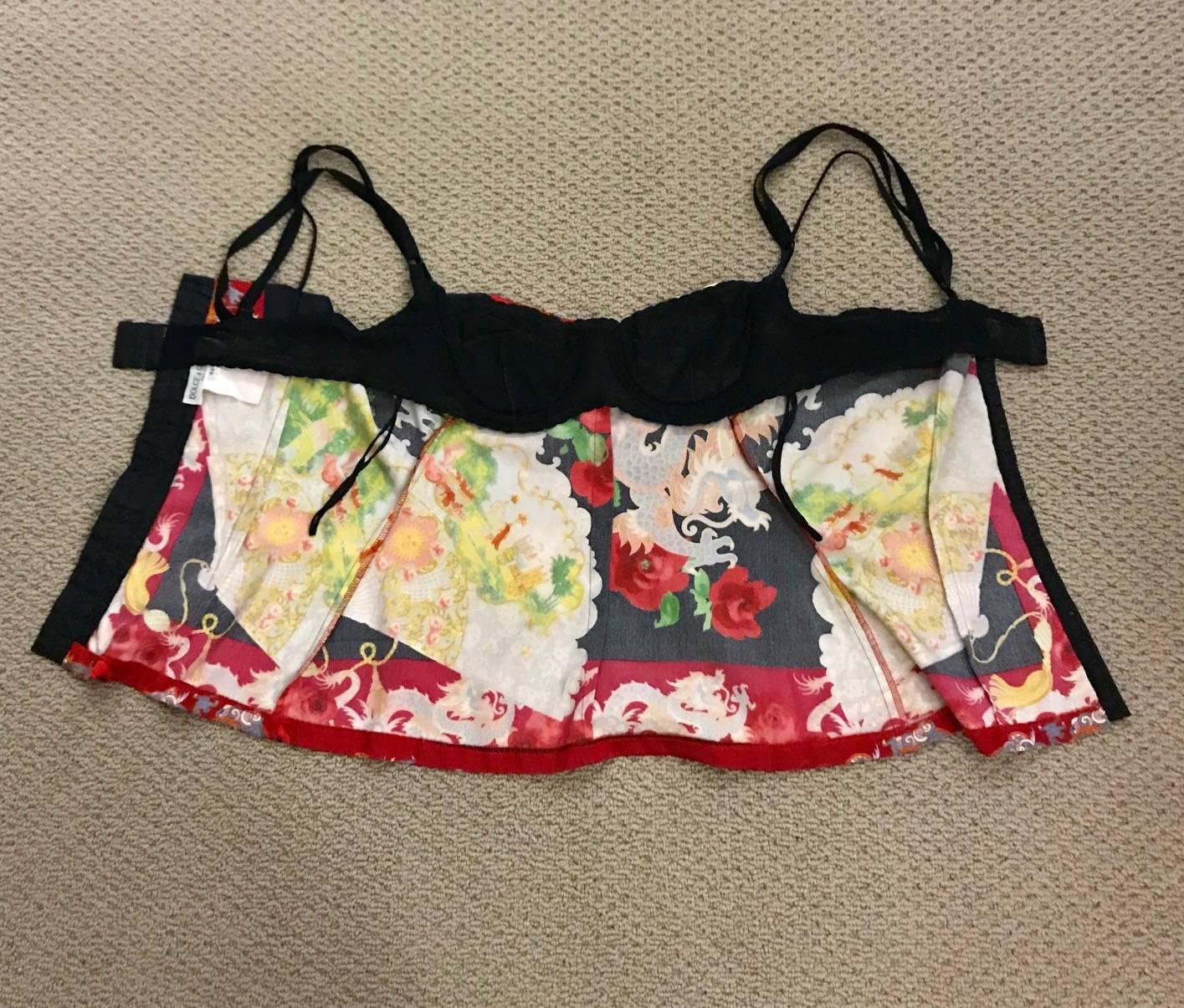 Black Dolce & Gabbana Red Dragon and Fan Print Bustier Corset Top, 1990s 