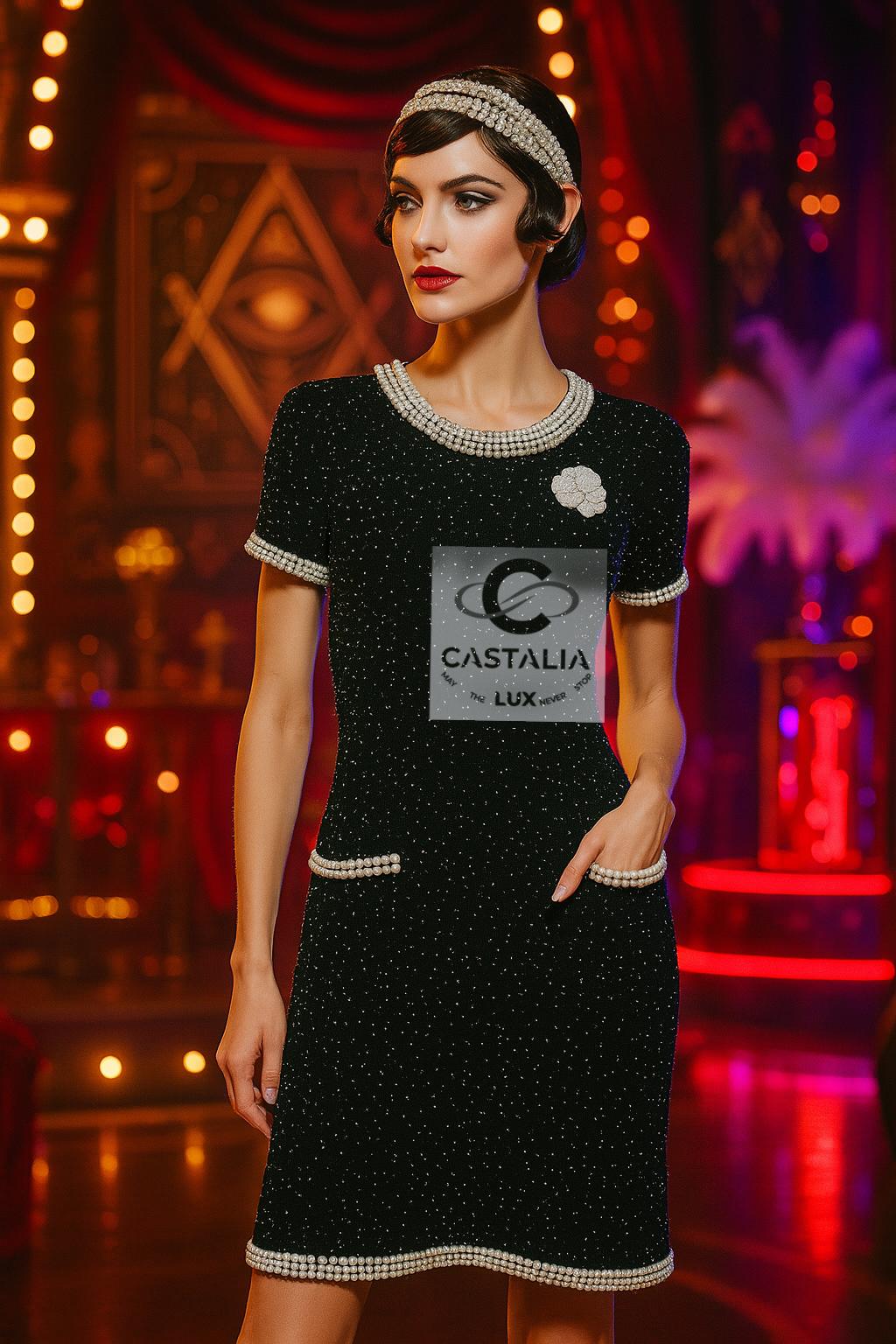 CHANEL Schwarzes Couture Perlenkleid mit Kamelienbrosche 40 FR für Damen oder Herren im Angebot
