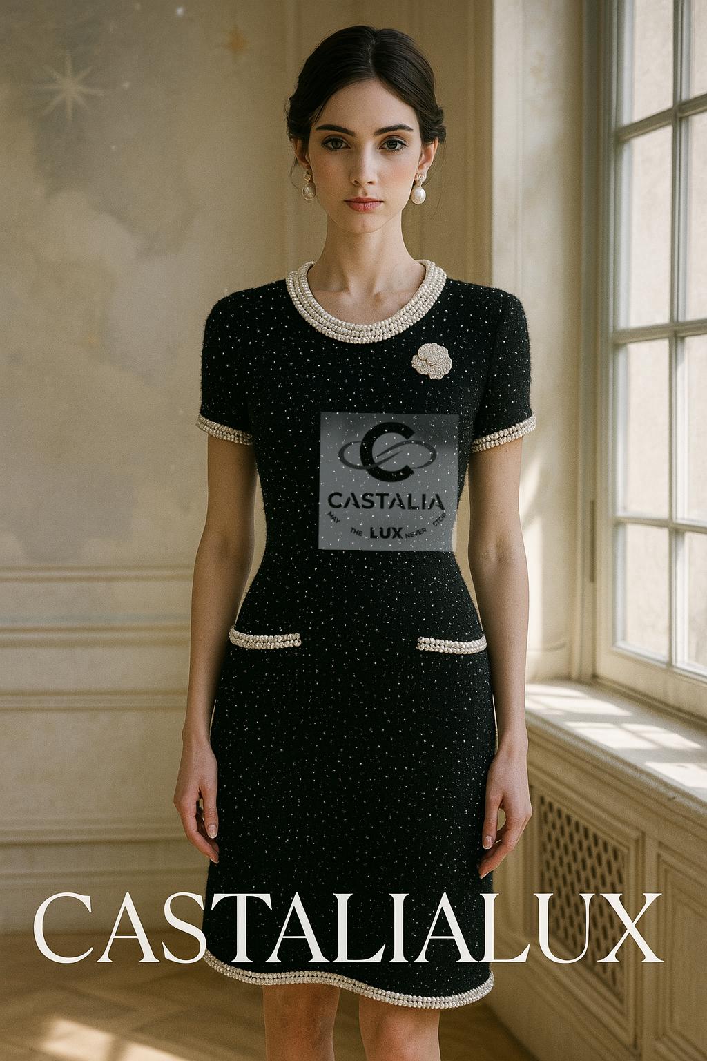 CHANEL Schwarzes Couture Perlenkleid mit Kamelienbrosche 40 FR im Angebot 4
