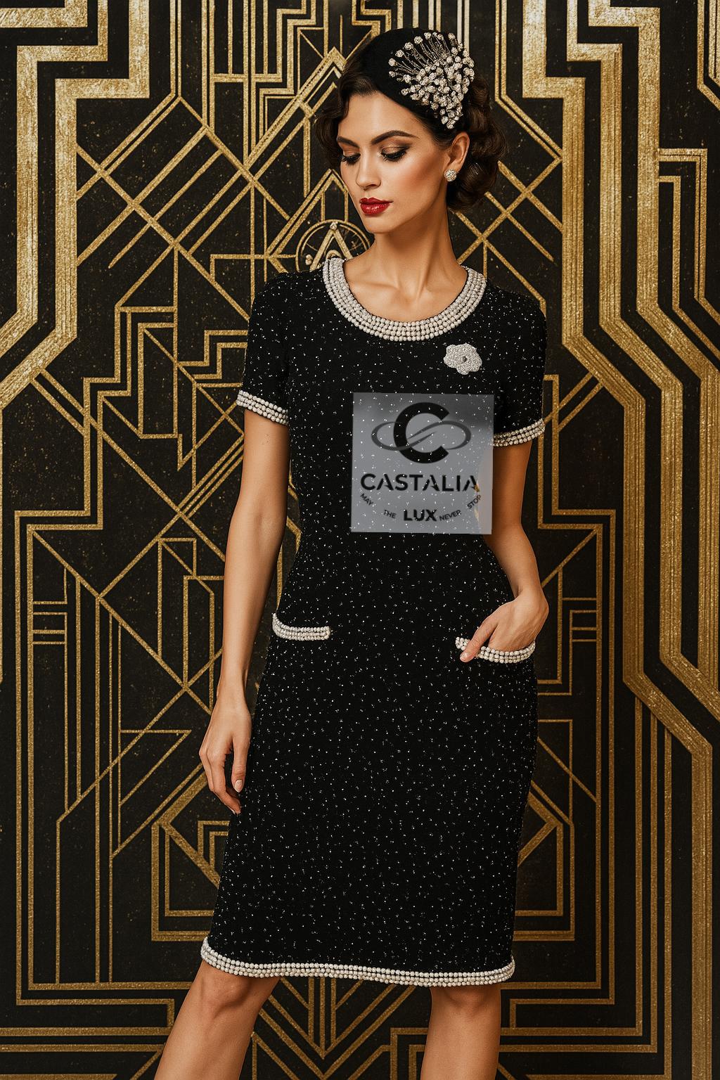 CHANEL Schwarzes Couture Perlenkleid mit Kamelienbrosche 40 FR im Angebot 8