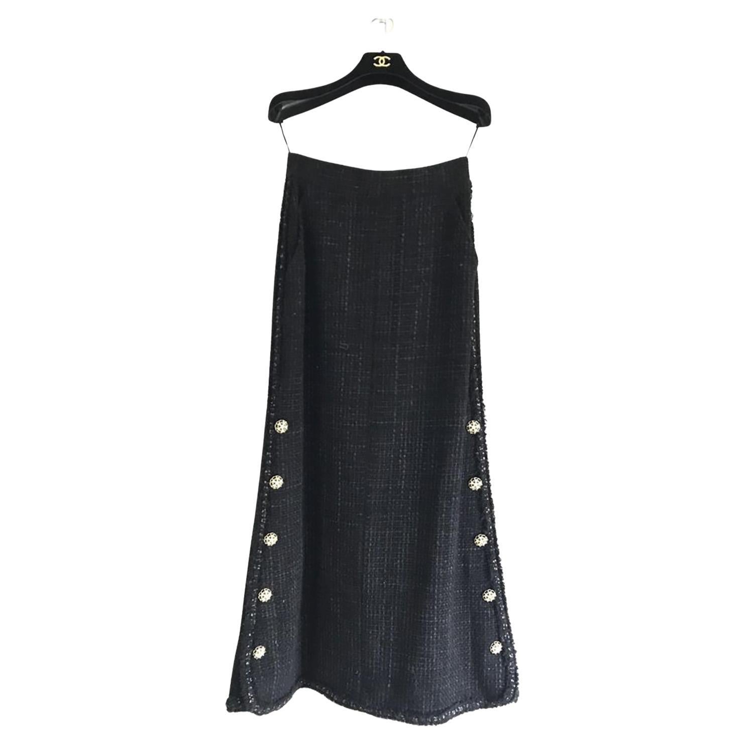Chanel 8K$ Rare Jupe Maxi Tweed Noir avec Boutons Gripoix 36 FR