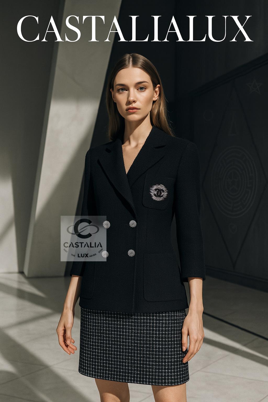 Nero Giacca Chanel CC Logo Patch in tweed nero 36 FR in vendita