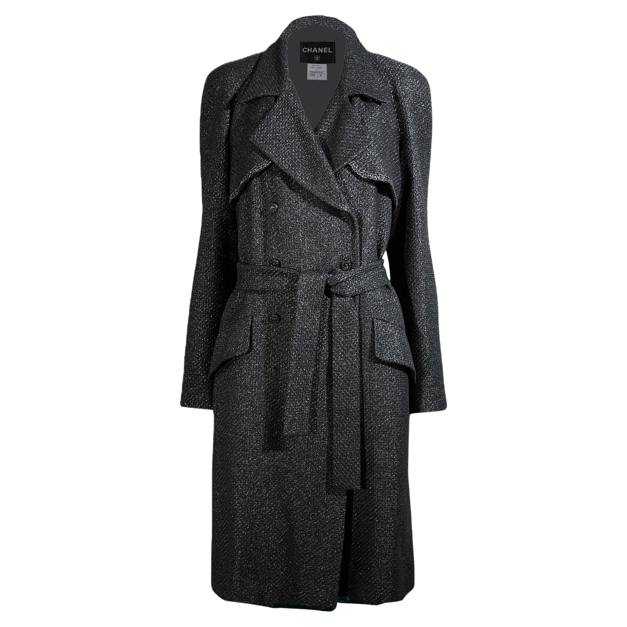Trench Chanel New Black Tweed con bottoni CC Gripoix 38 FR in vendita