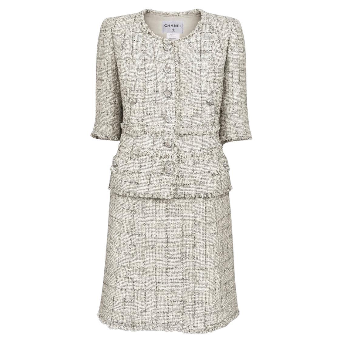 CHANEL Iconic Beige Tweed Ensemble with CC Gripoix Buttons 38 FR