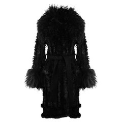 Dolce & Gabbana Black paneled lambskin and alpaca fur spread collar tie-waist ro