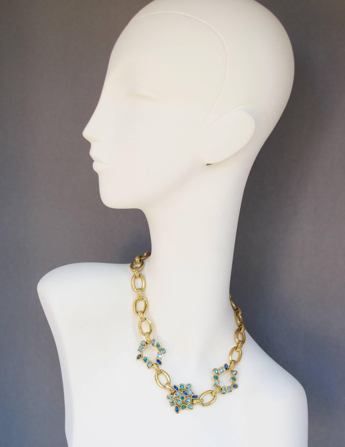 Yves Saint Laurent 1980s Necklace Goldtone with blue-green Rhinestones In Excellent Condition In Atlanta, GA