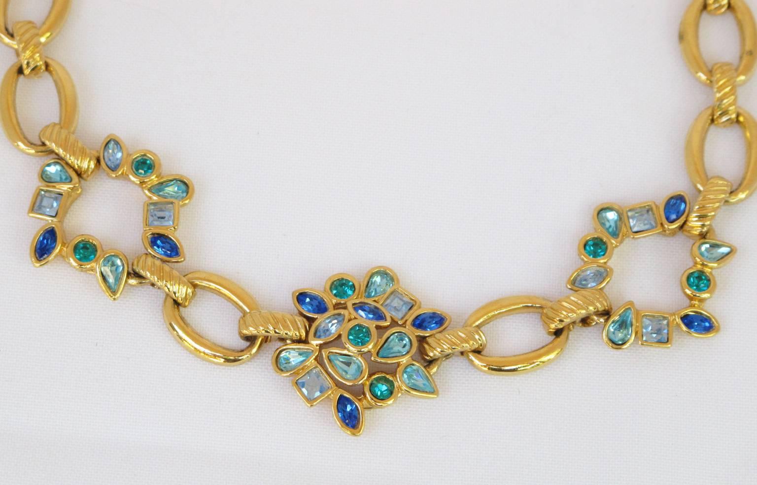 Yves Saint Laurent 1980s Necklace Goldtone with blue-green Rhinestones 1
