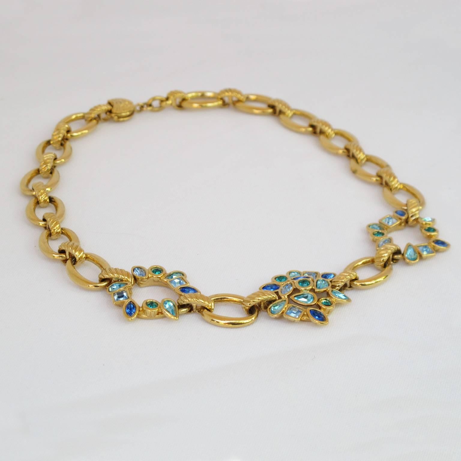 Women's Yves Saint Laurent 1980s Necklace Goldtone with blue-green Rhinestones