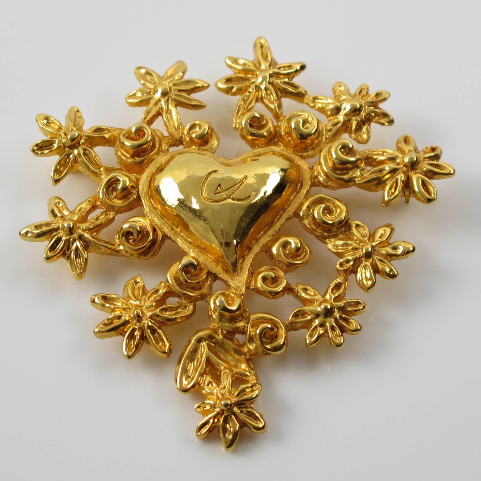 Christian Lacroix Iconic Pin Brooch Goldtone Heart & Flowers 2