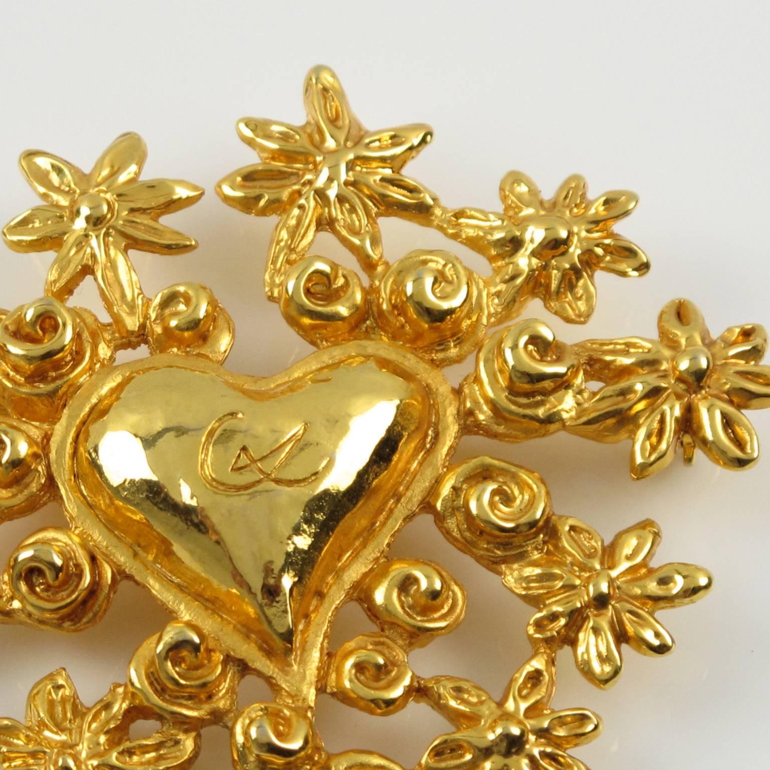 Christian Lacroix Iconic Pin Brooch Goldtone Heart & Flowers 1