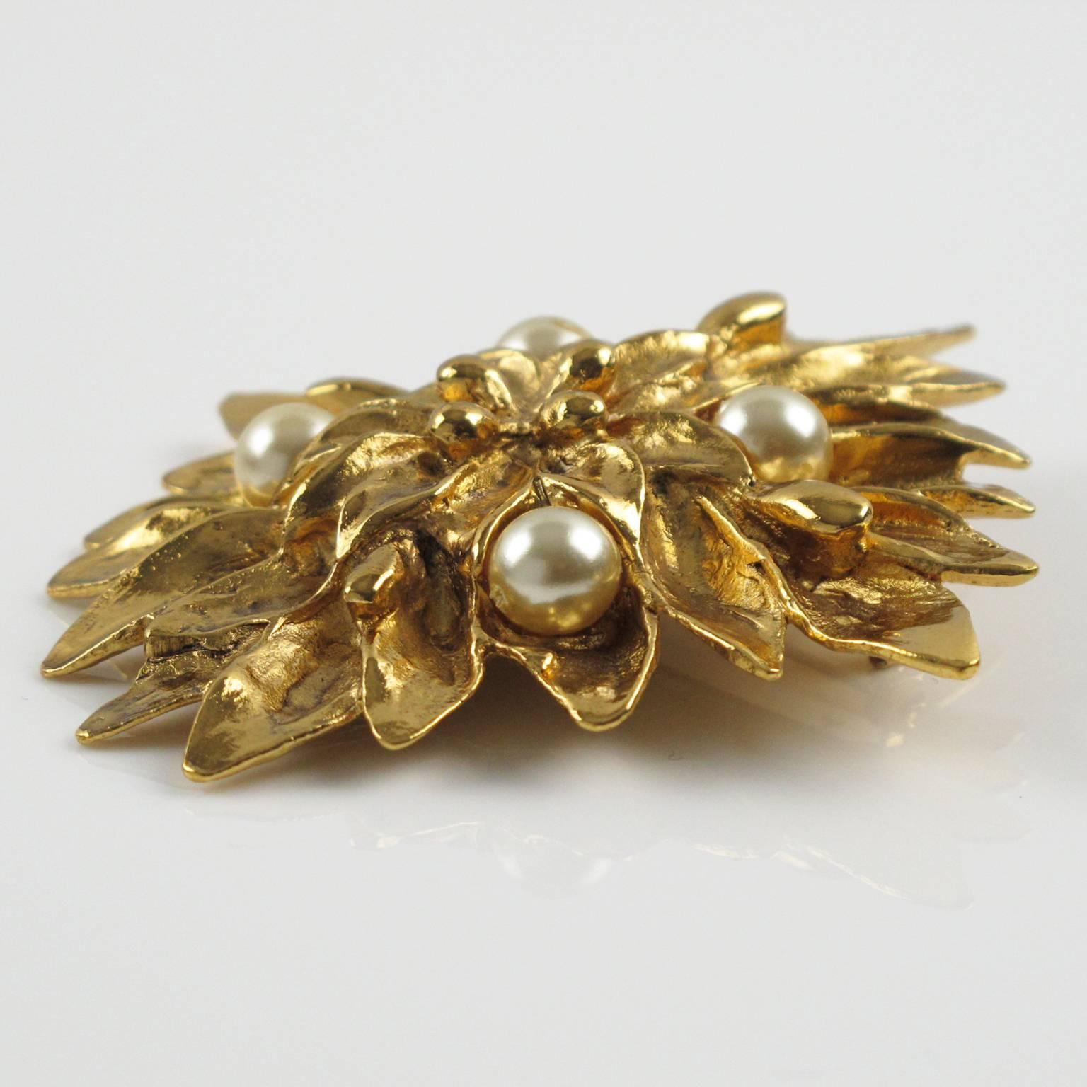 Women's Yves Saint Laurent YSL Vintage signed Pin Brooch floral gilt metal pearl-like