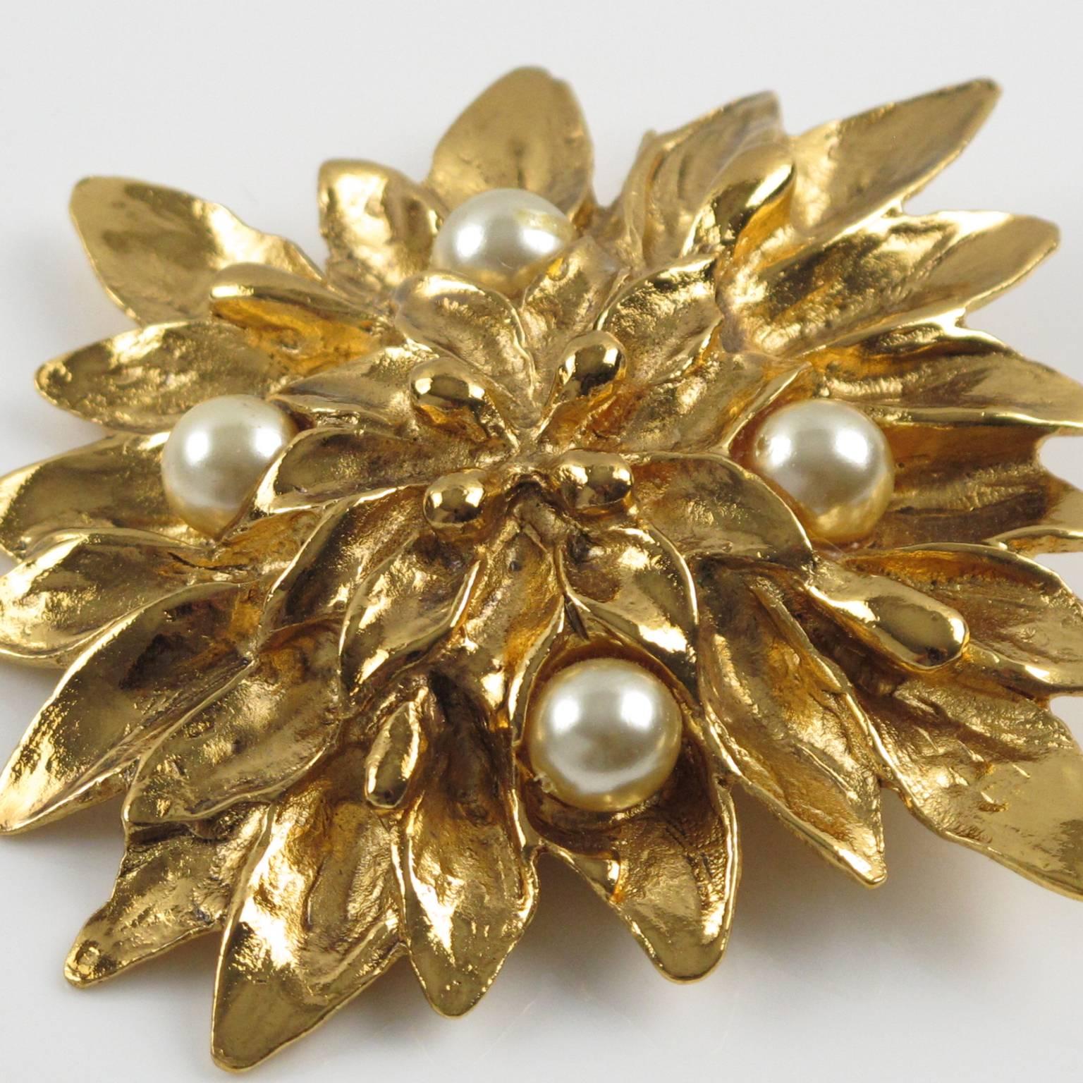 Yves Saint Laurent YSL Vintage signed Pin Brooch floral gilt metal pearl-like 1