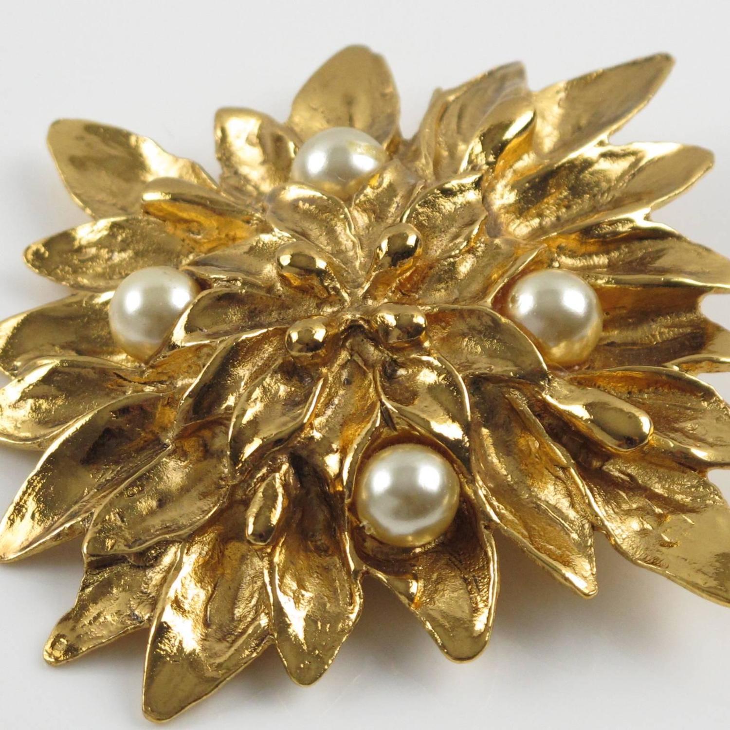 Yves Saint Laurent YSL Vintage signed Pin Brooch floral gilt metal