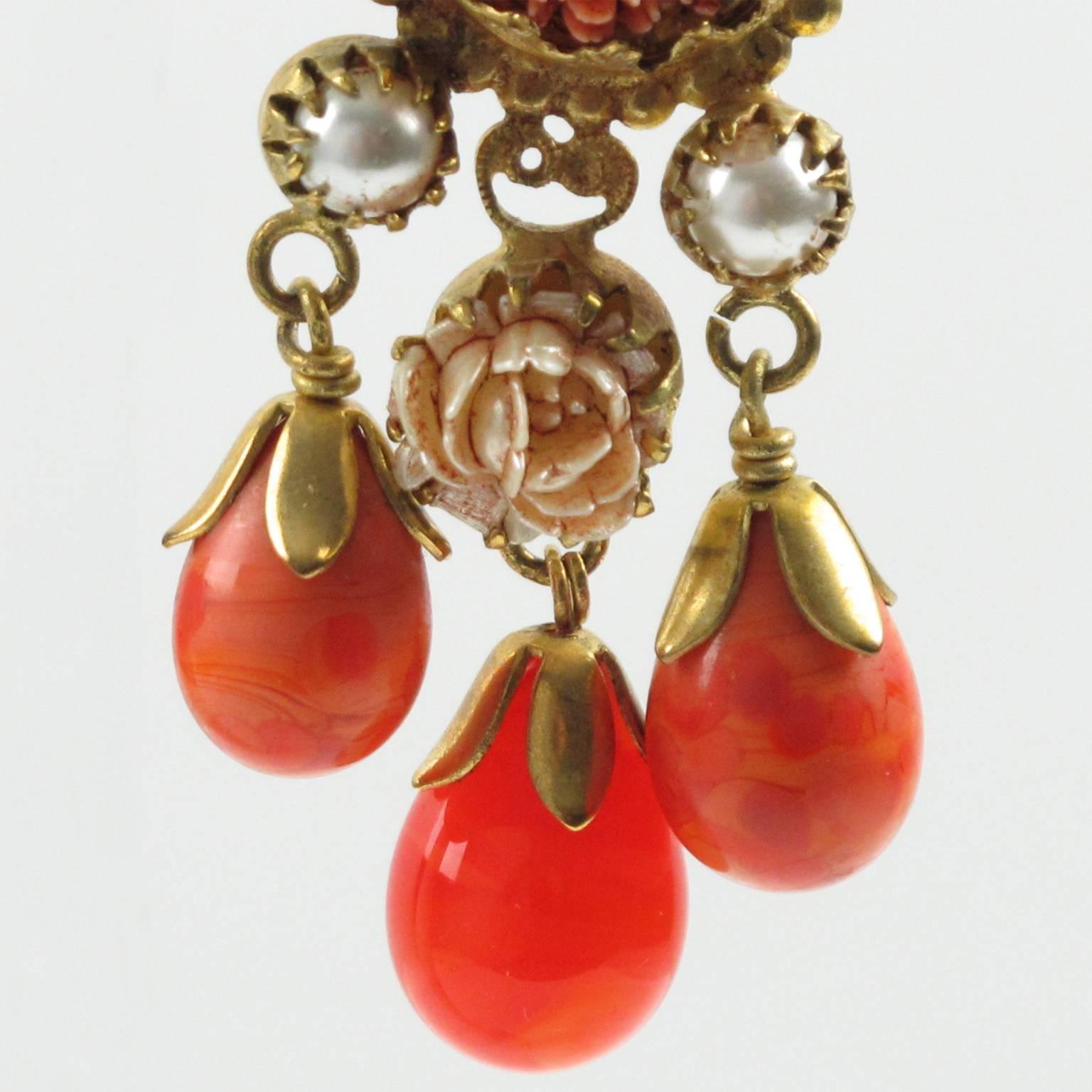 Women's Vintage French Gas St Tropez dangling clip on earrings glass drop faux coral