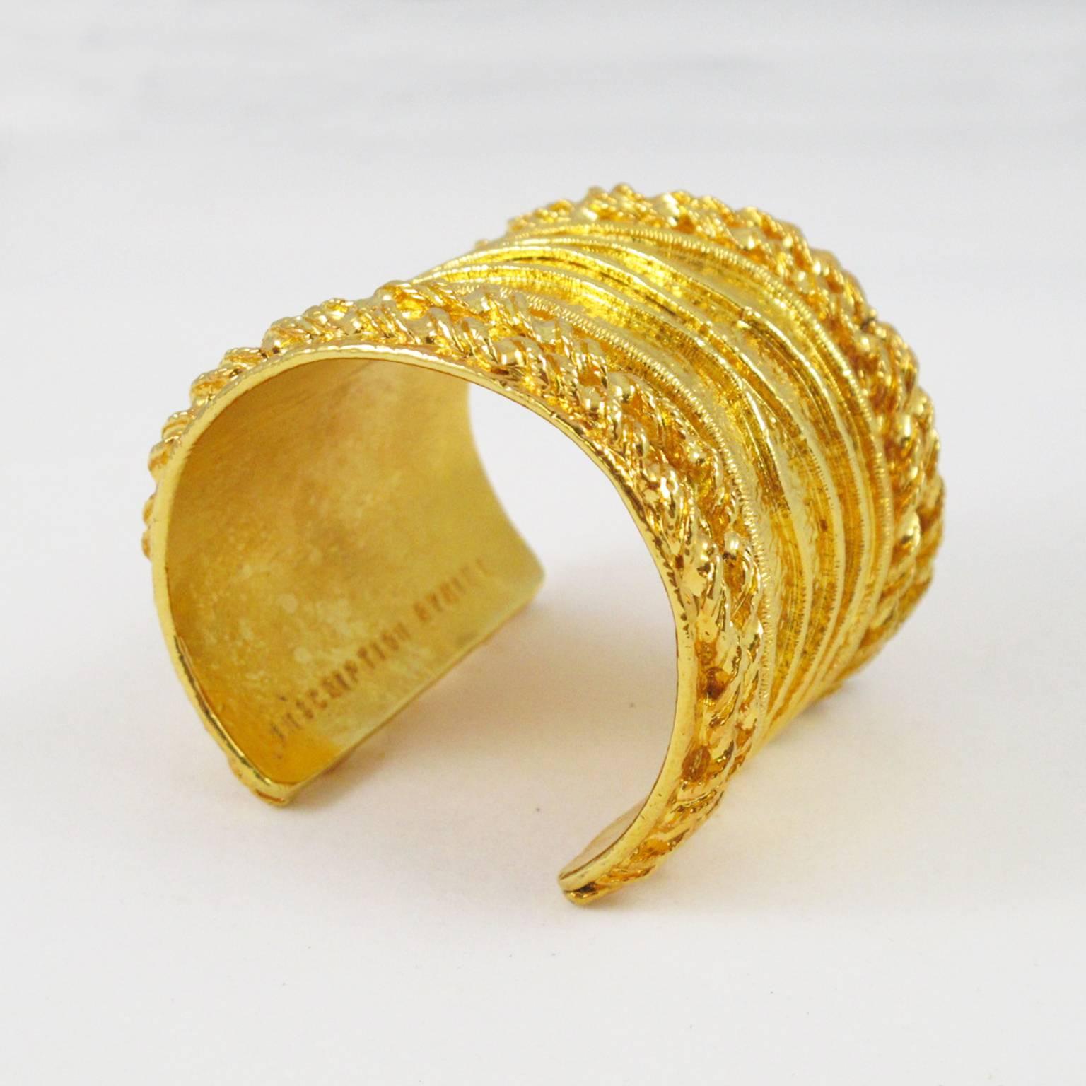 Women's Sonia Rykiel Paris Cuff Bracelet Massive Slave Shape Gilt Metal Textured