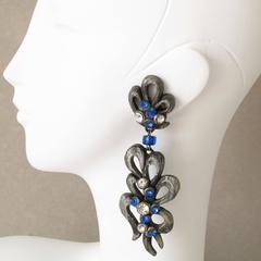 French Artisan Designer GHIS clip on Earrings Charcoal Resin Blue Rhinestone