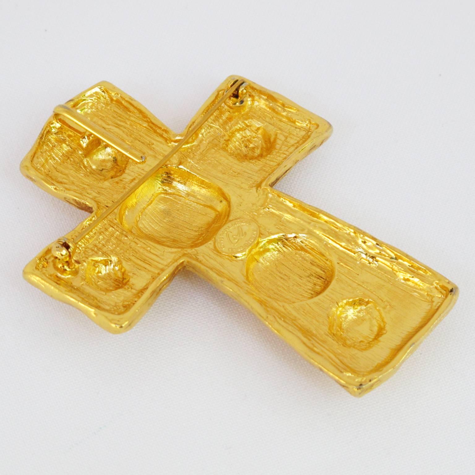 Christian Lacroix Pin Brooch Pendant oversized Gilt Metal Modernist Cross In Excellent Condition In Atlanta, GA