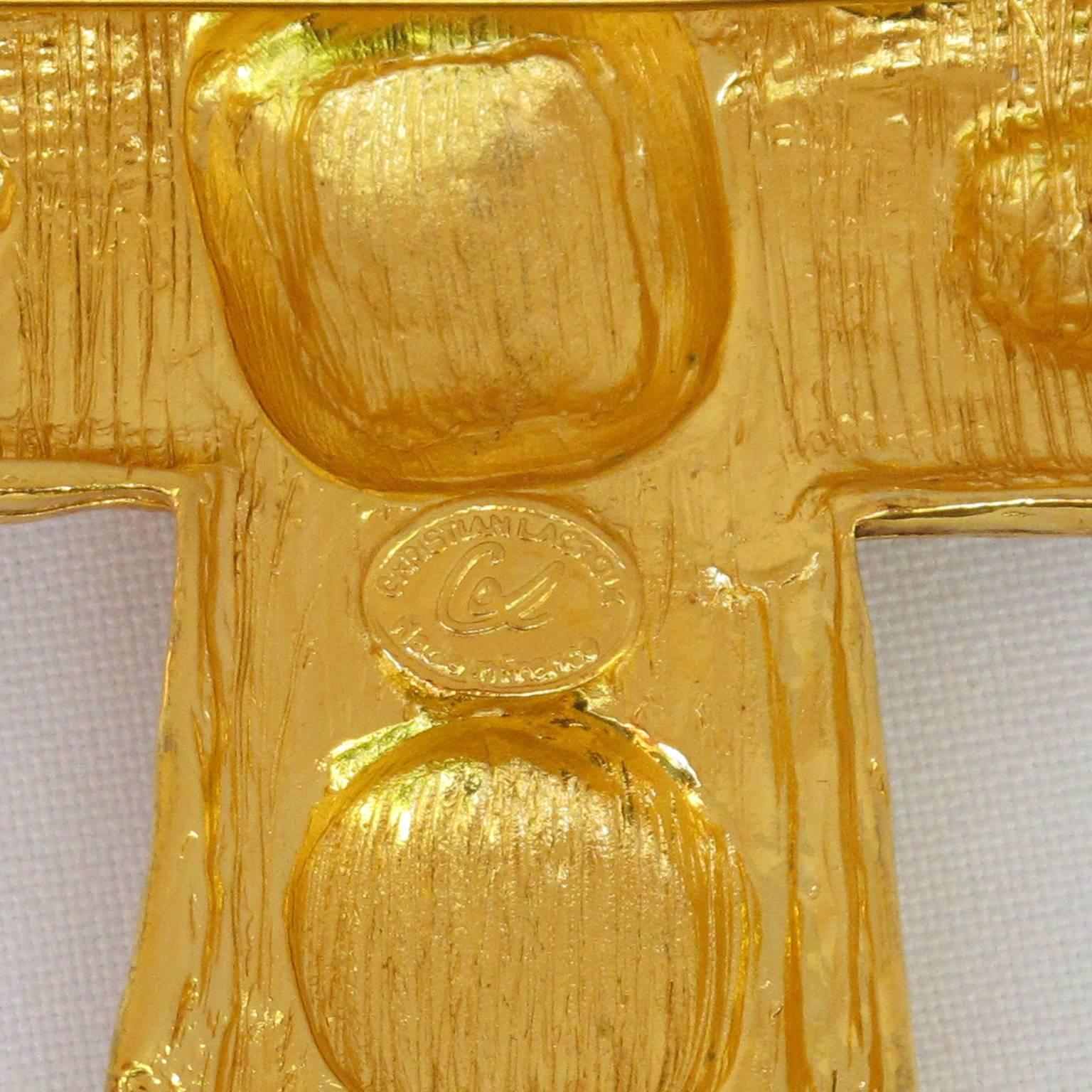 Women's Christian Lacroix Pin Brooch Pendant oversized Gilt Metal Modernist Cross