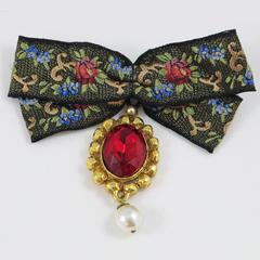 Ungaro Paris Signed Pin Brooch Huge Fabric Bow-tie Red Rhinestone