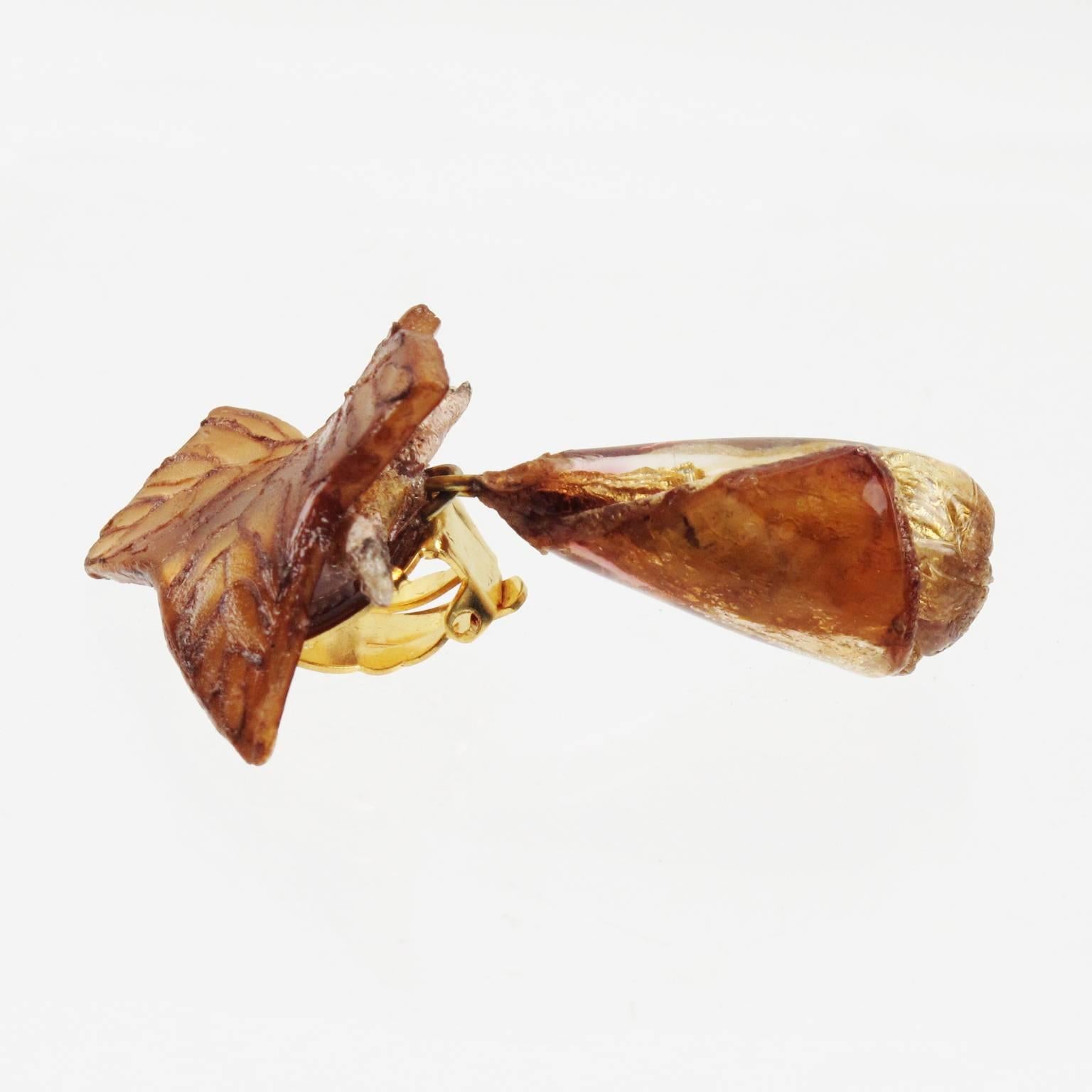 Francoise Montague Paris clip on Earrings Resin Talosel Leaf & Drop 1