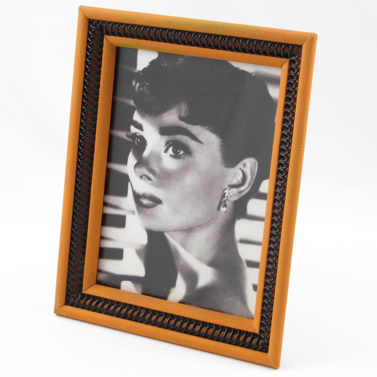 Mid-Century Modernist Picture Photo Frame Orange & Black Plastic Raffia 1960s 2