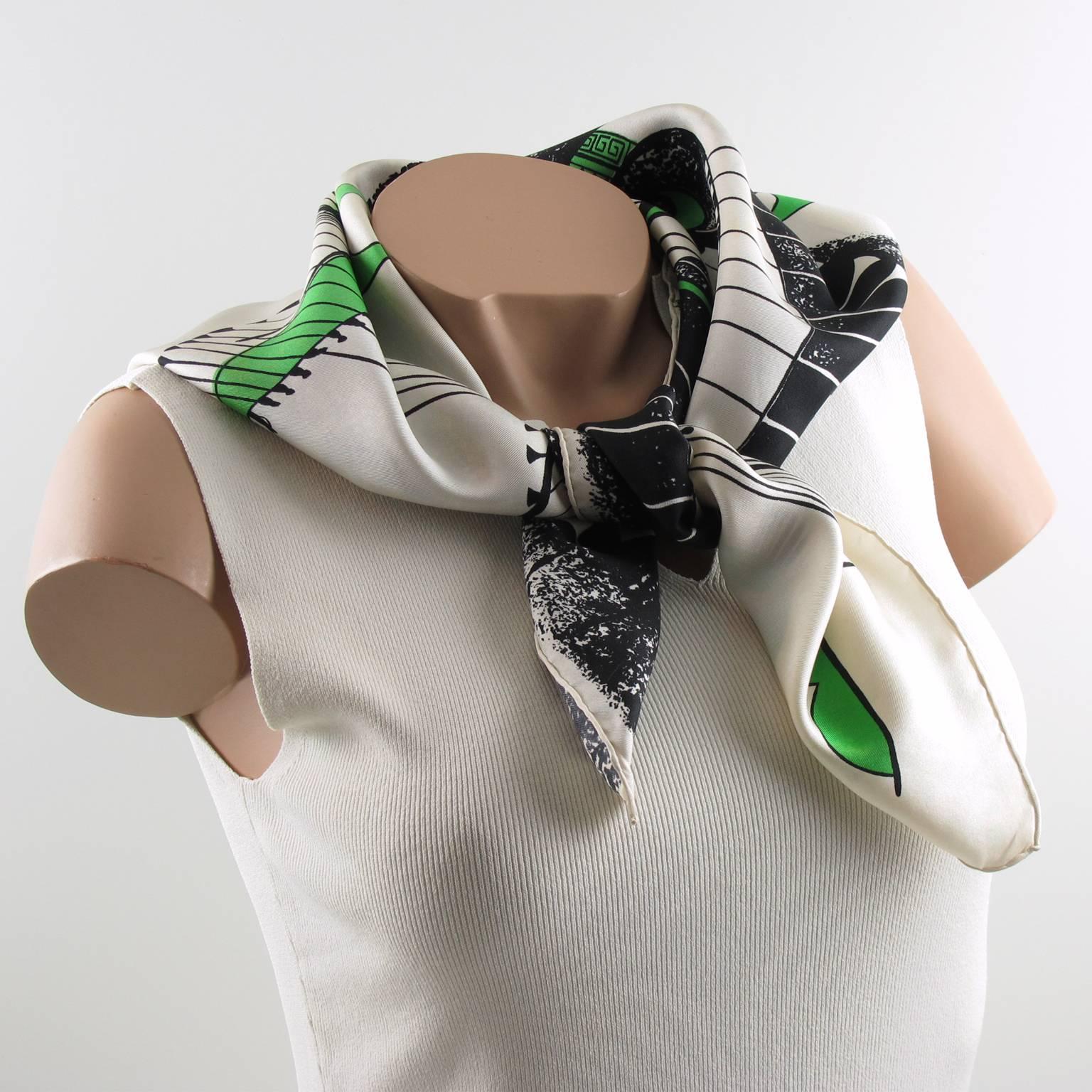 Rare 1960s French fashion designer Maggy Rouff Paris 100% pure silk scarf. Elegant scarf features modernist galley boats with stylized design and is depicted like a painting. The palette is one of bright green, black and off-white. Hand rolled