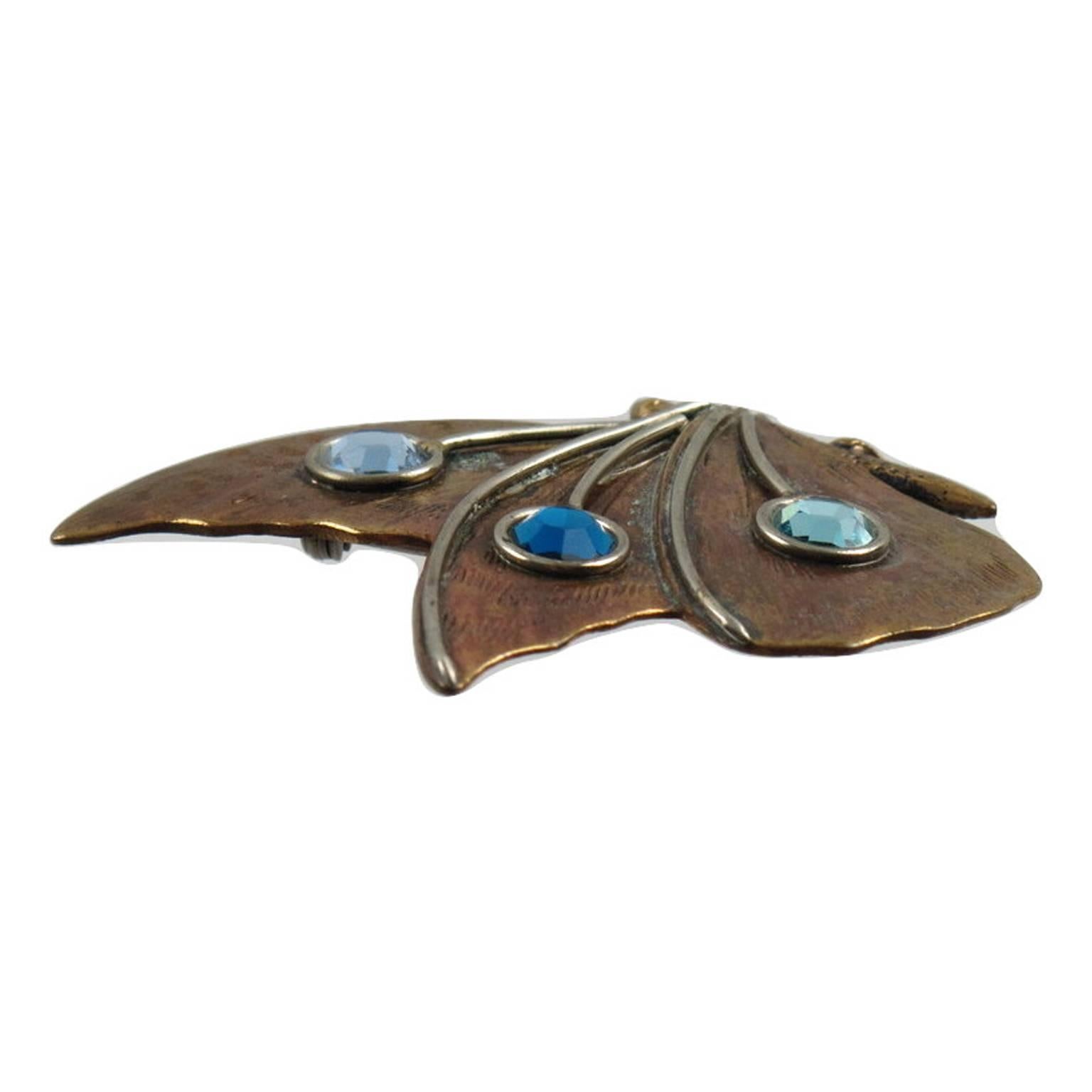 Fabrice Paris Signed Pin Brooch Copper Butterfly with Blue Rhinestone 1