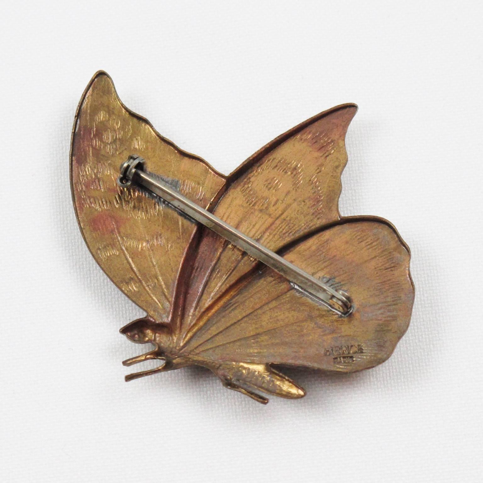 Women's or Men's Fabrice Paris Signed Pin Brooch Copper Butterfly with Blue Rhinestone
