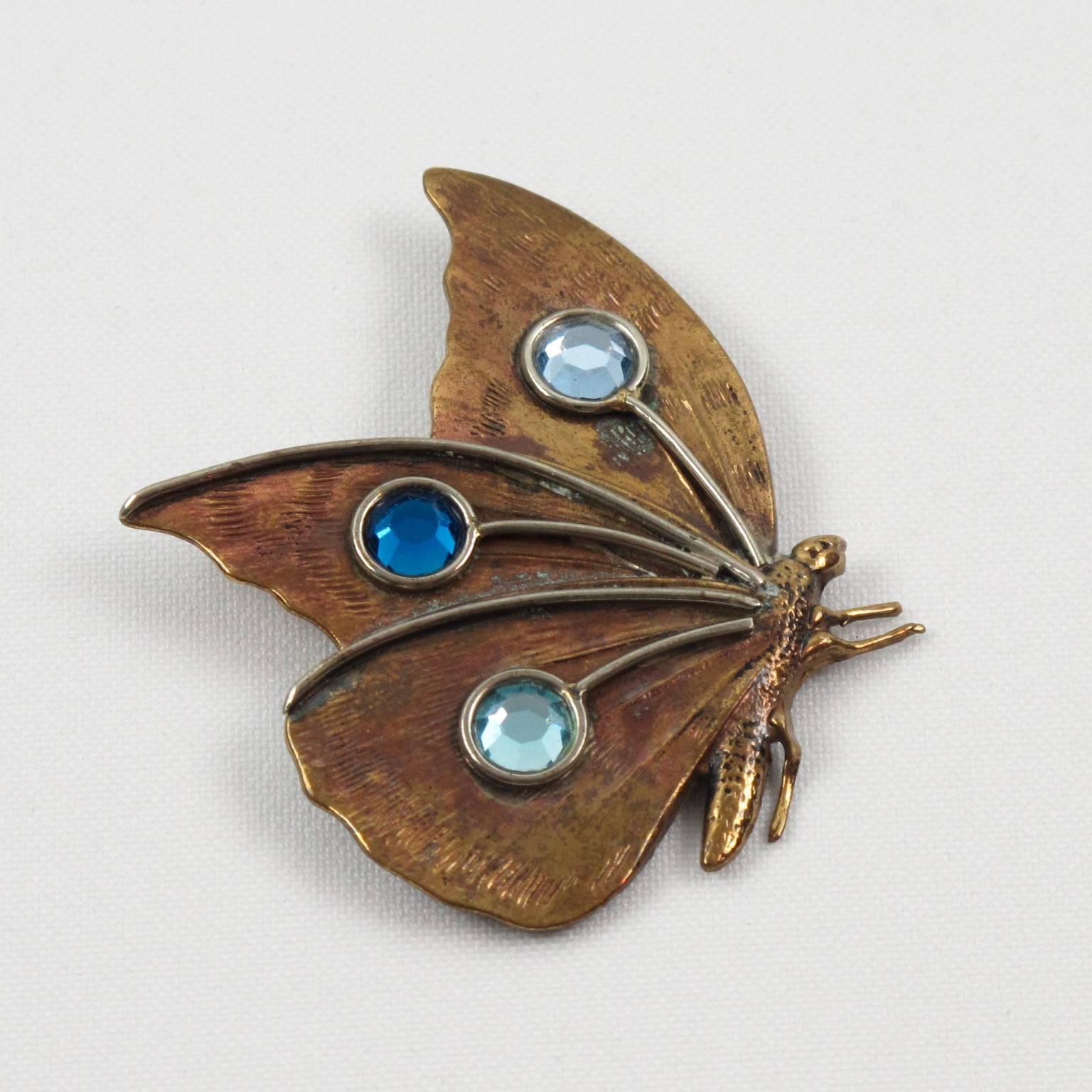 Designer Fabrice Paris signed Pin Brooch. Featuring a dimensional huge butterfly in copper, with metal all textured topped with cobalt blue and light blue rhinestones. Security closing clasp. Signed underside: 