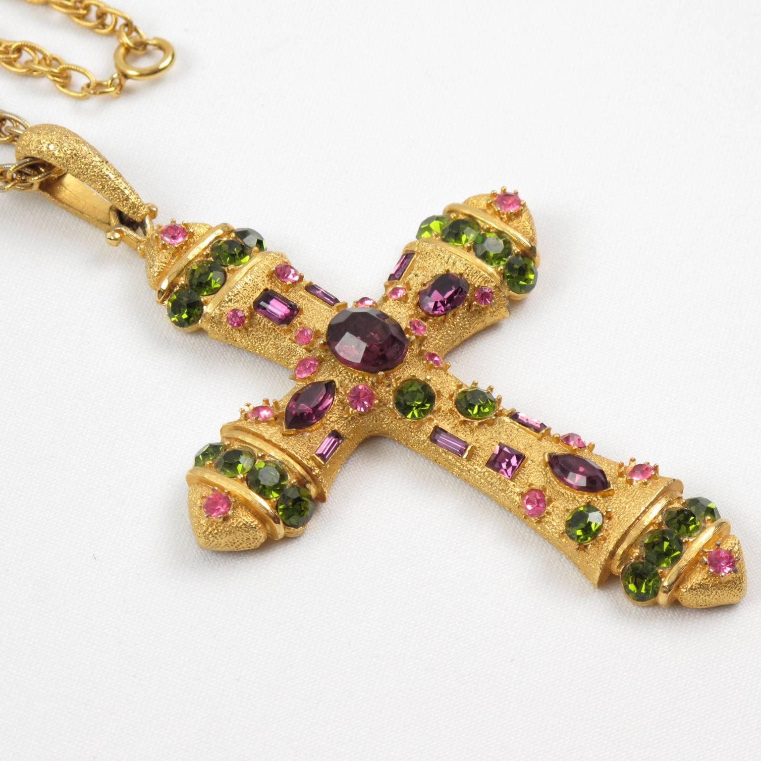 Massive Jeweled Gilt Metal Cross Pendant Necklace Purple and Green Rhinestones In Excellent Condition In Atlanta, GA
