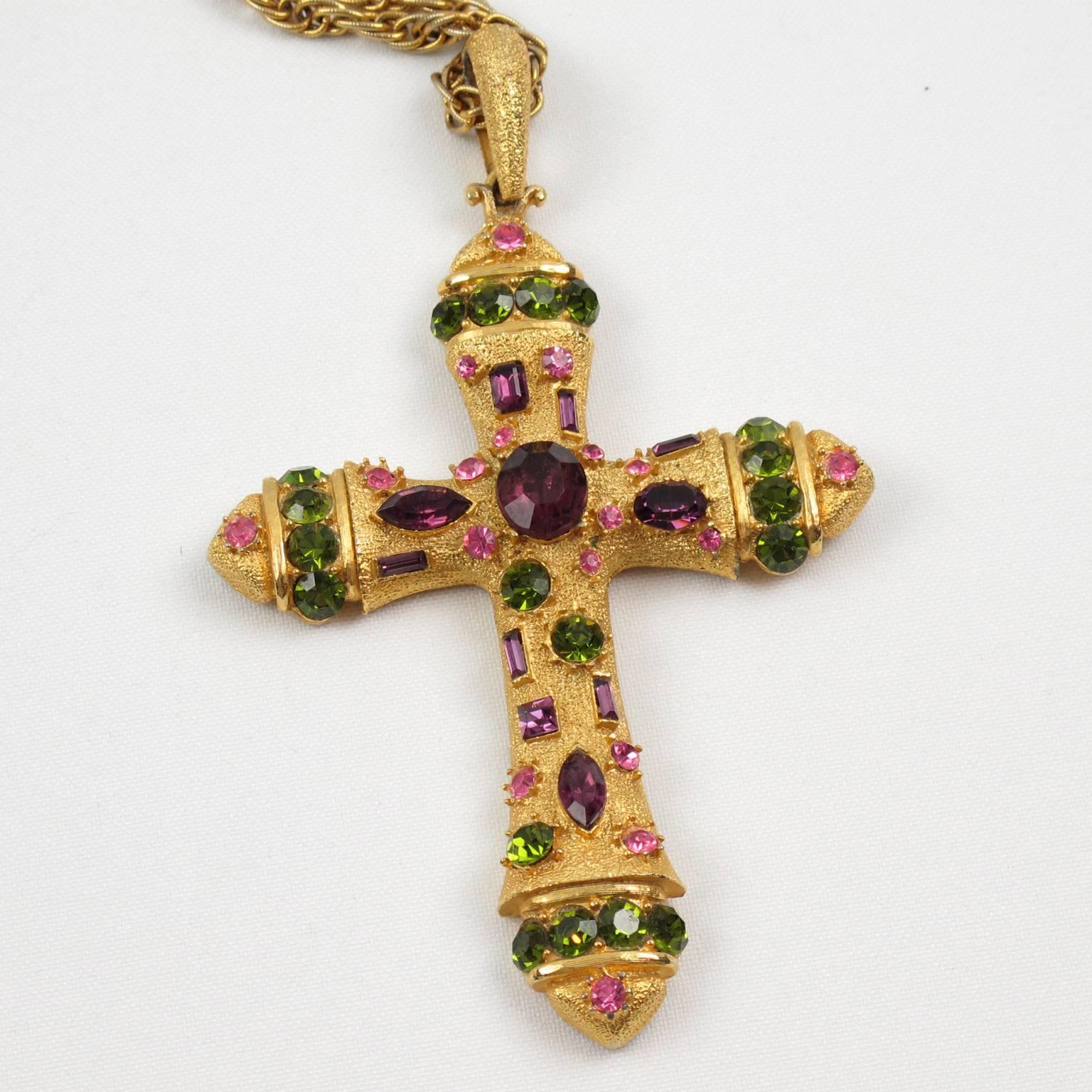 Baroque Revival Massive Jeweled Gilt Metal Cross Pendant Necklace Purple and Green Rhinestones