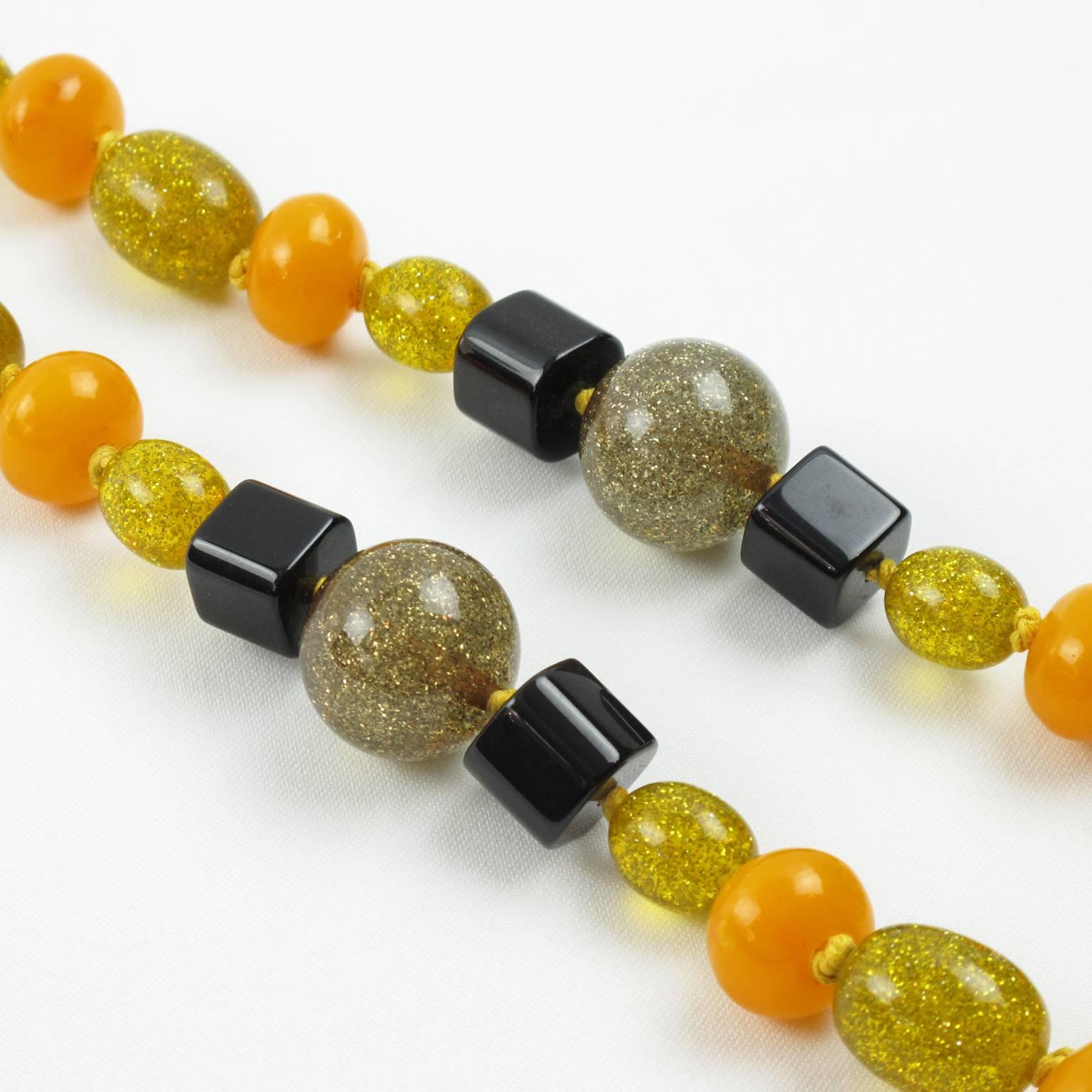Bakelite Lucite Necklace Extra Long Shape Black Yellow Glitter Beads 3