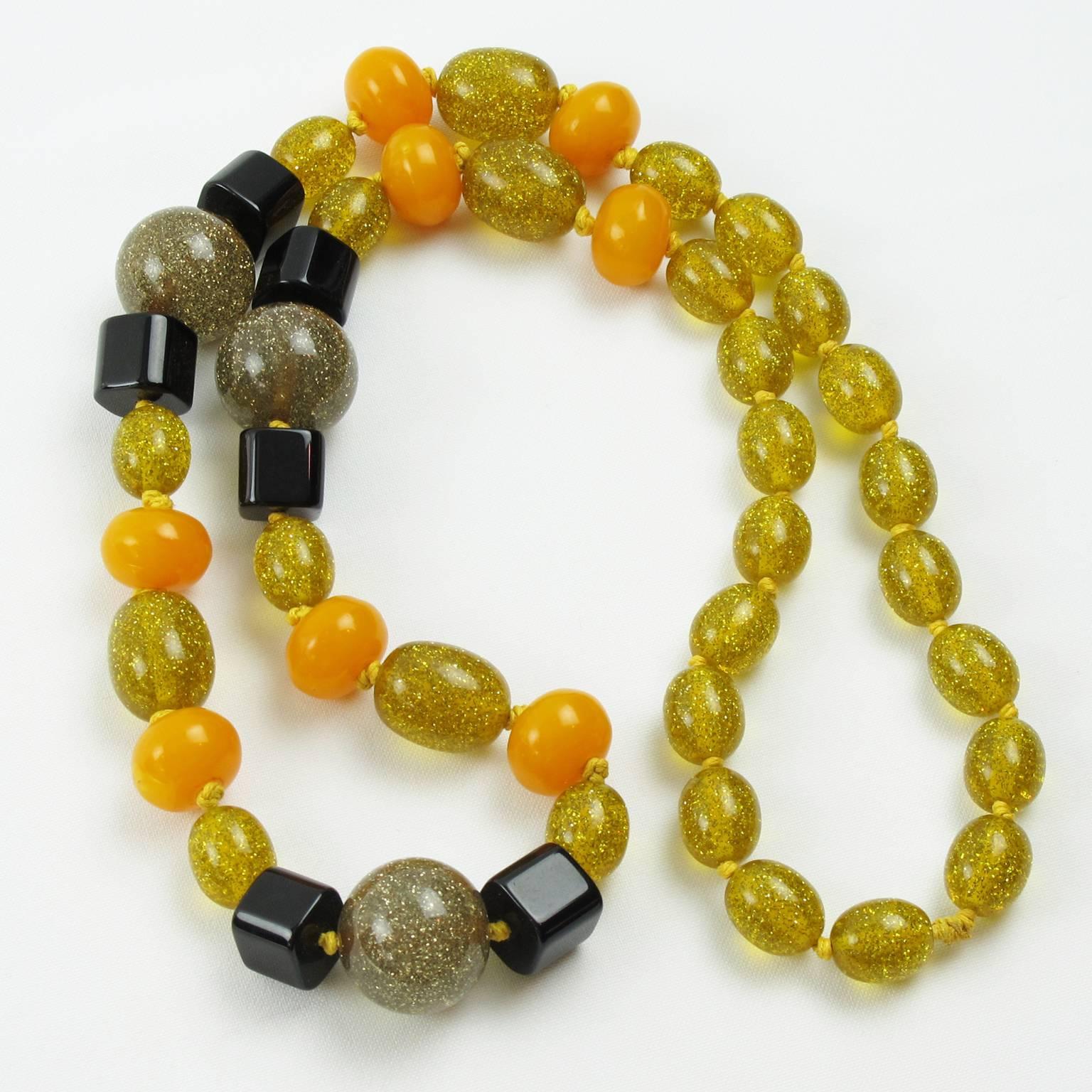 Bakelite Lucite Necklace Extra Long Shape Black Yellow Glitter Beads 4