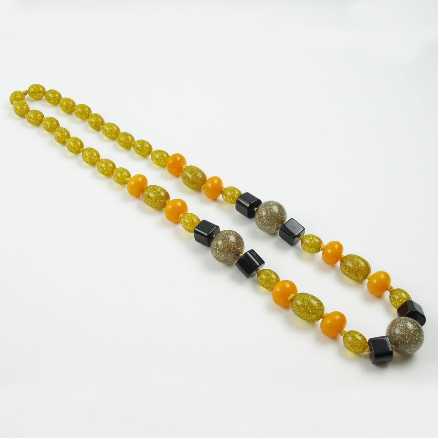 Women's or Men's Bakelite Lucite Necklace Extra Long Shape Black Yellow Glitter Beads