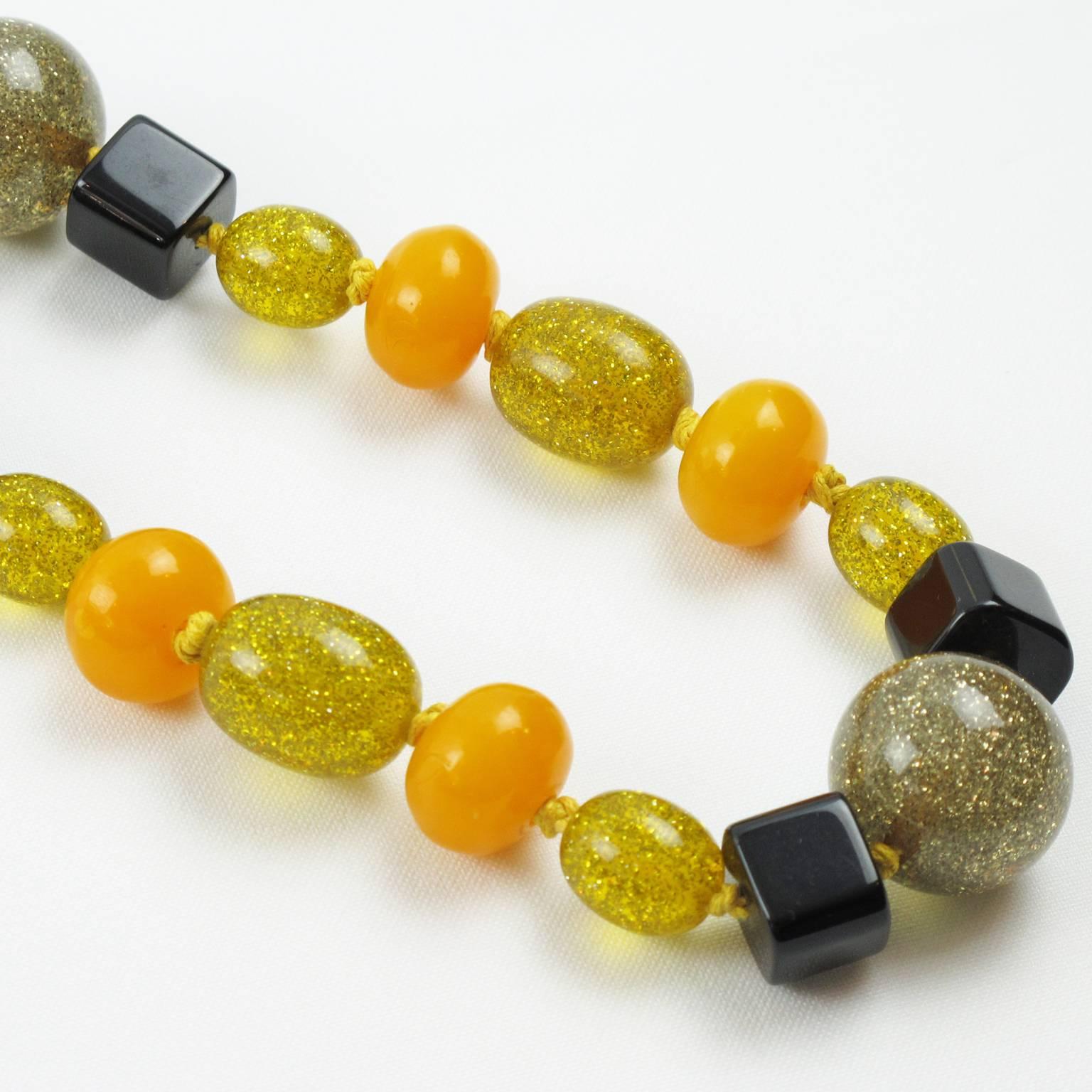 Bakelite Lucite Necklace Extra Long Shape Black Yellow Glitter Beads 2