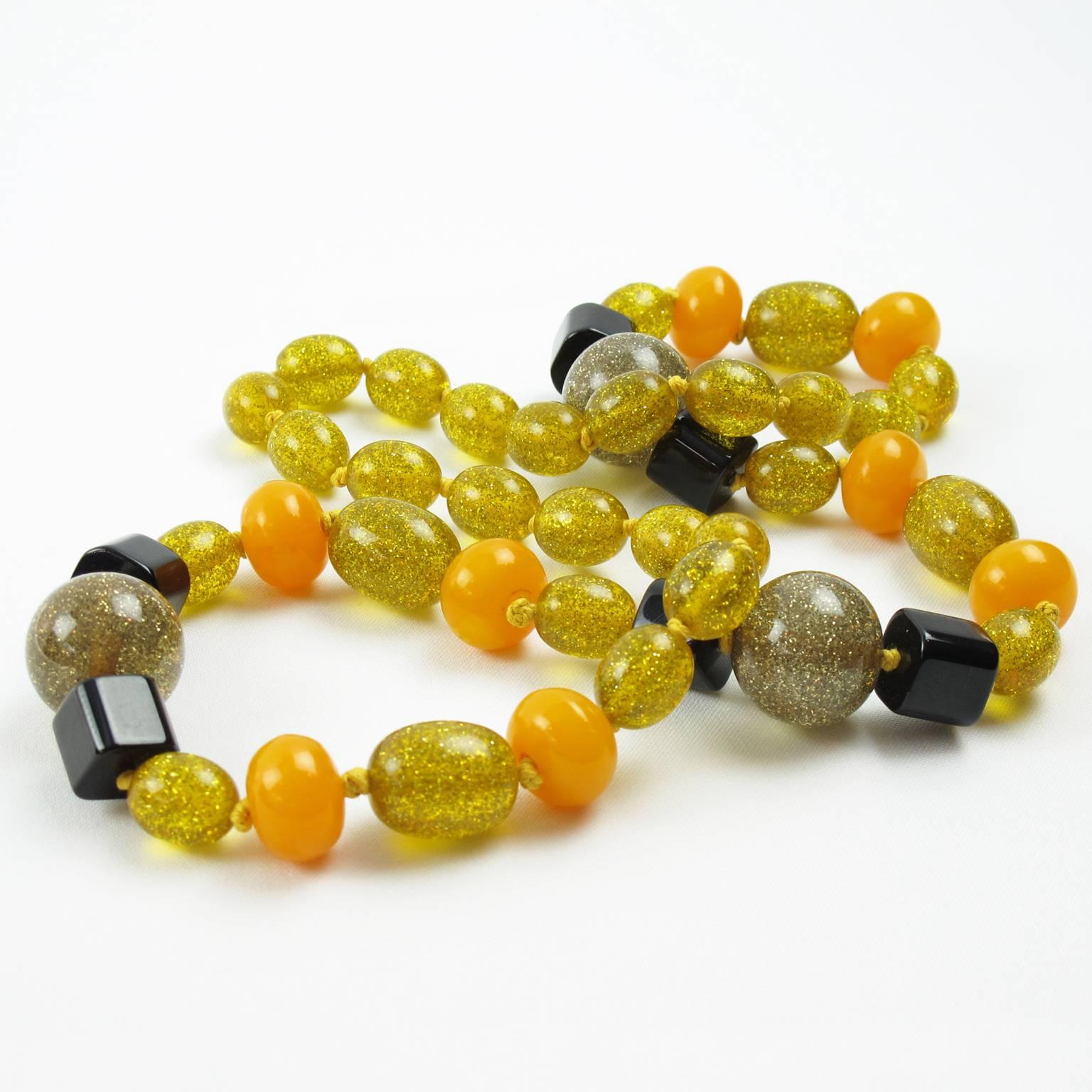 Bakelite Lucite Necklace Extra Long Shape Black Yellow Glitter Beads 1
