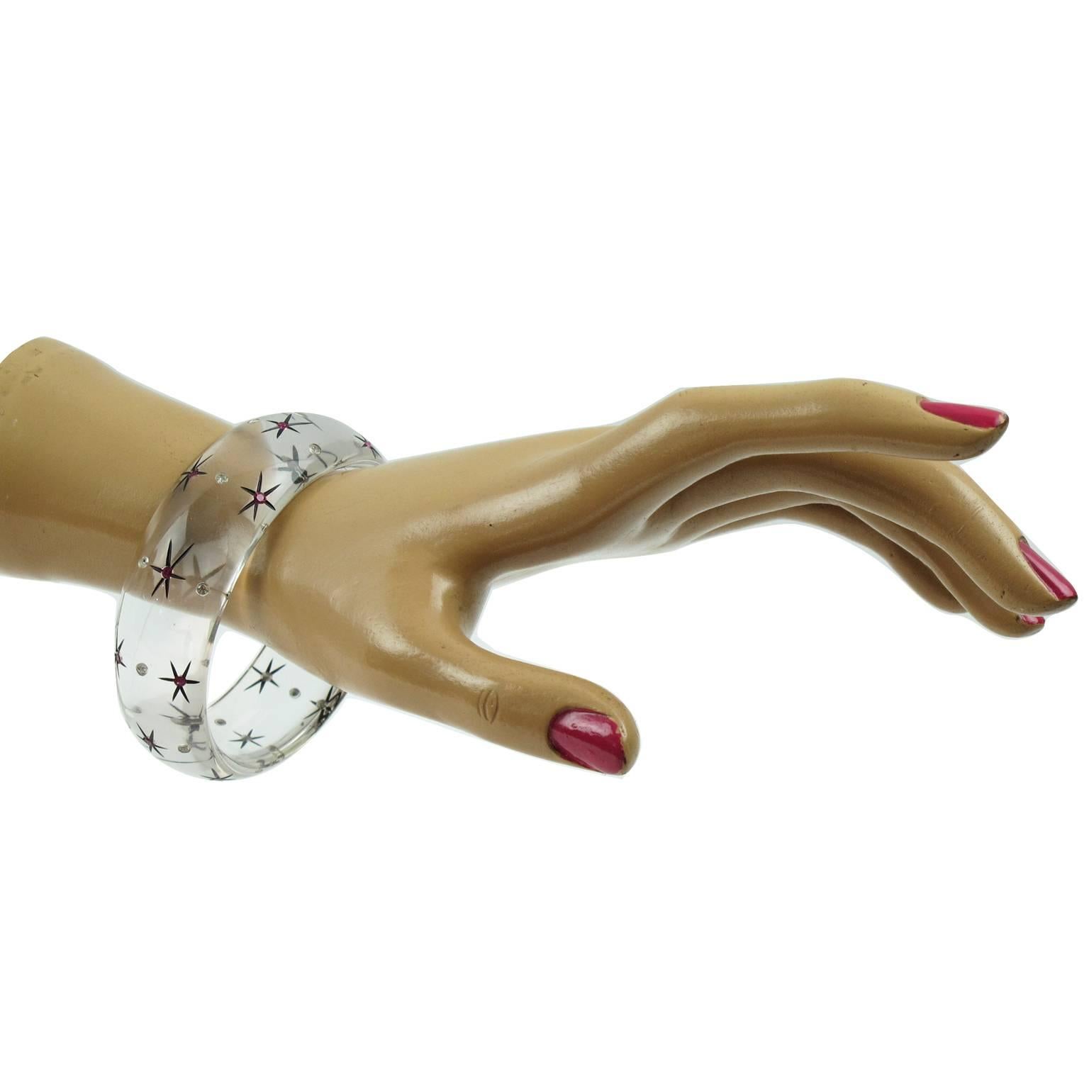 Women's or Men's Crystal Clear Lucite Bracelet Bangle by Augusta G. Paris Star Rhinestone Design