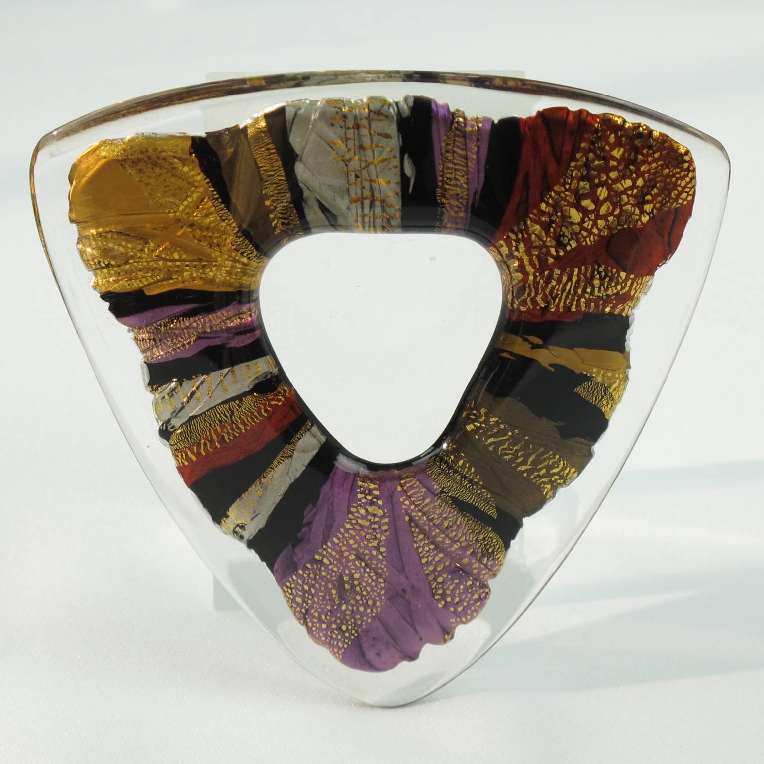 Impressive Anne and Frank Vigneri Lucite huge pin brooch from 1980s. Large geometric shape featuring a sort of heart with see thru center. Crystal clear lucite with multicolor and textured inclusions. Security closing clasp. Engraved hand-written