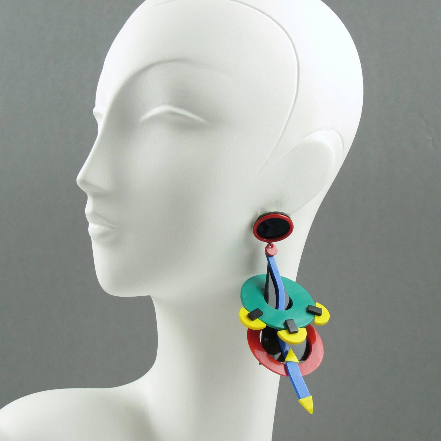Modernist Italian Designer Memphis Studio Oversized Chandelier Colorful Earrings 1980s