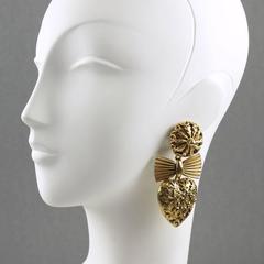 Zoe Coste Paris Signed Gilt Metal Baroque Heart Clip on Earrings circa 1980s