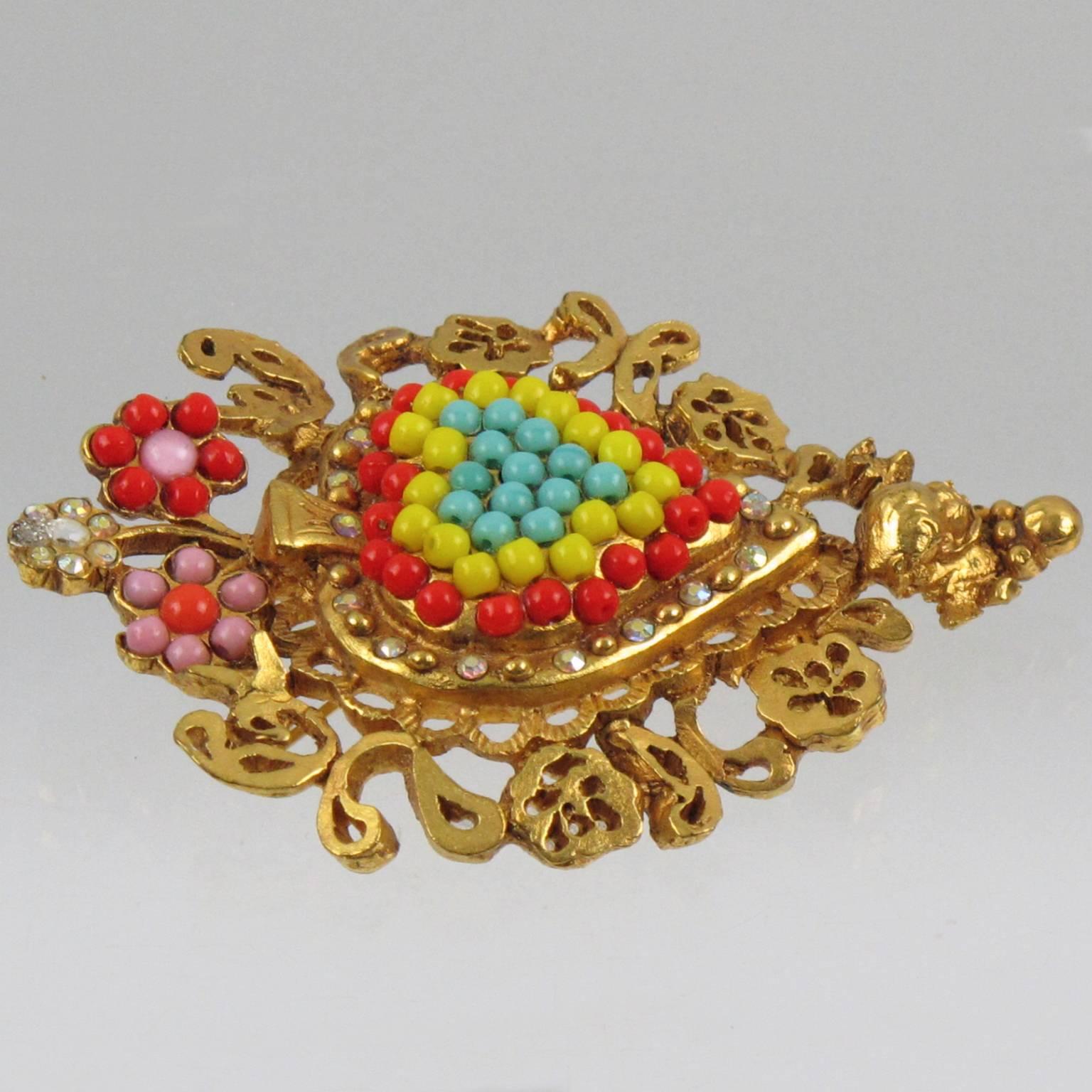 Women's or Men's Christian Lacroix Paris Signed Vintage Jewelled Baroque Heart Pin Brooch