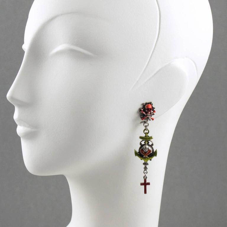 1980s Jean Paul Gaultier Paris Gothic Dangling Clip on Earrings Skull