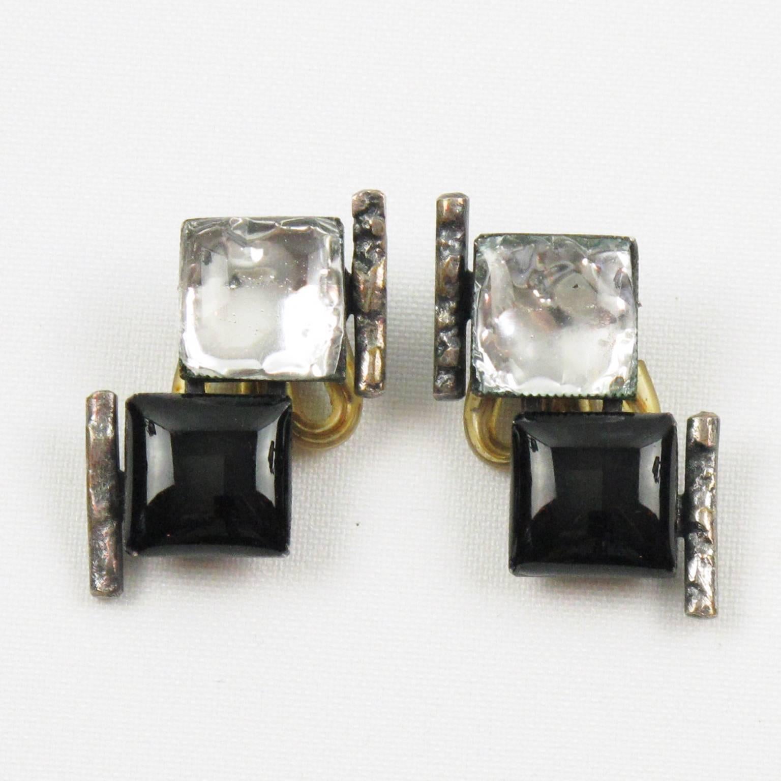 Modernist Jacques Gautier Paris Signed Black & Glitter Glass Clip on Earrings circa 1960s