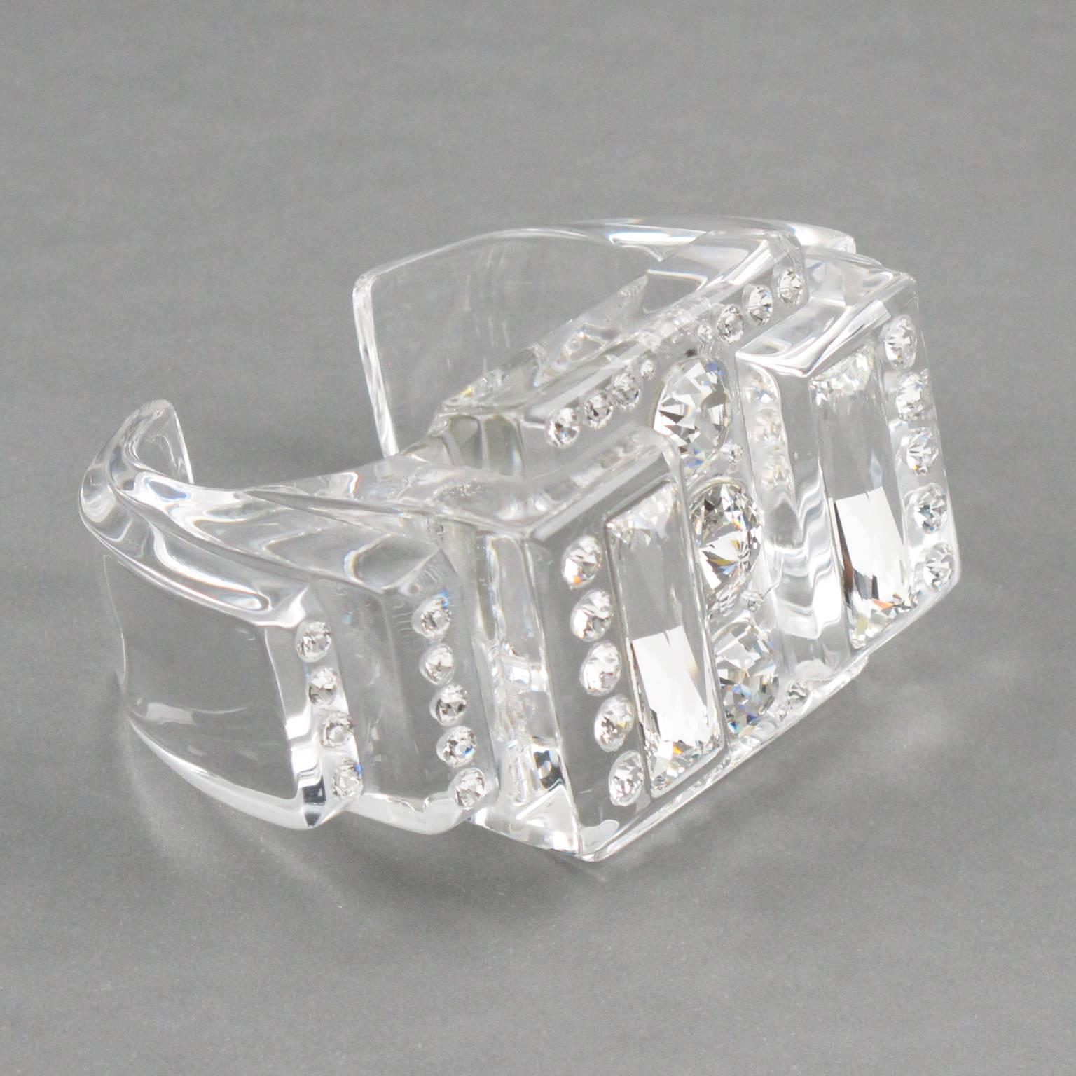 Christian Dior Paris Sculptural Clear Lucite Cuff Bracelet with Rhinestones 2