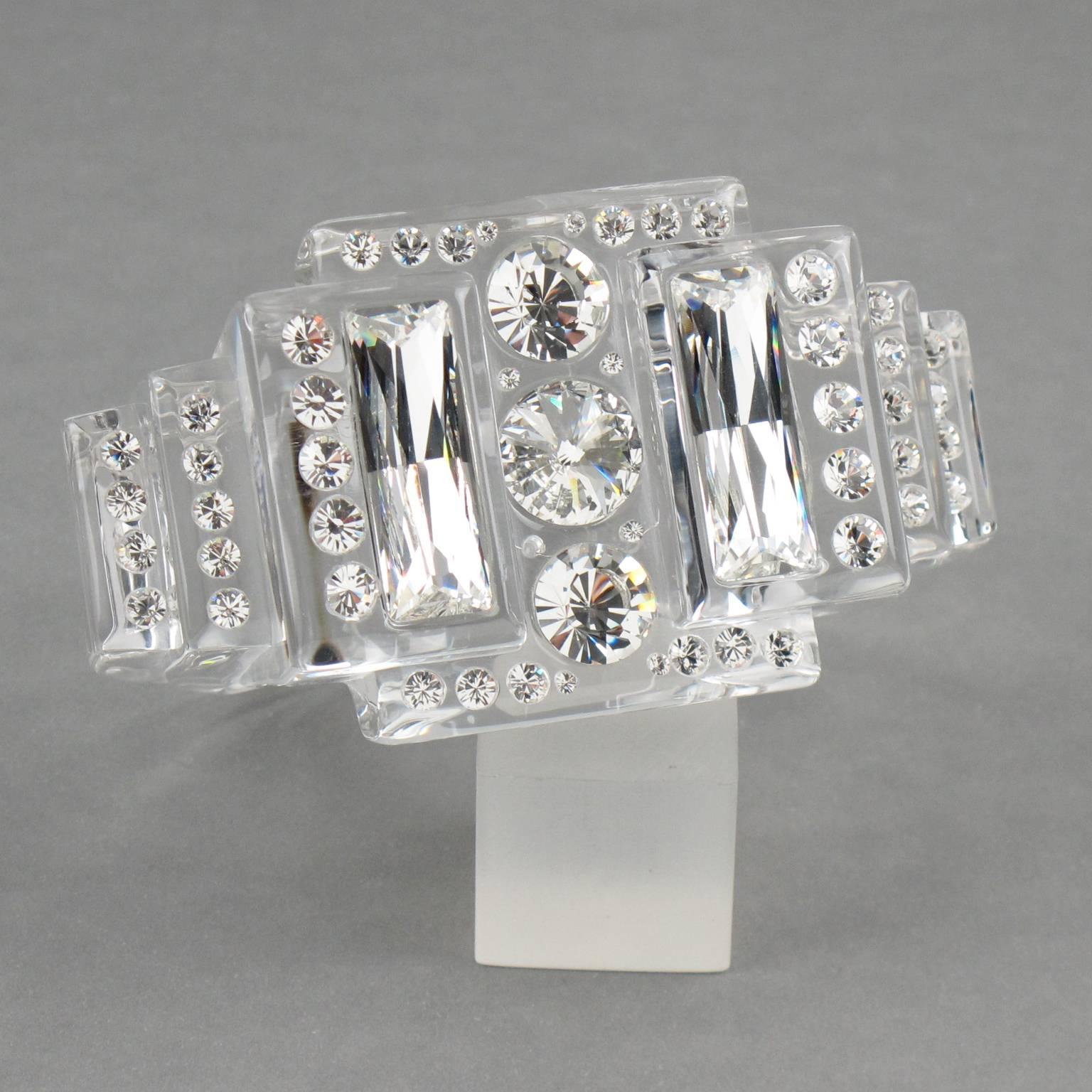 Women's or Men's Christian Dior Paris Sculptural Clear Lucite Cuff Bracelet with Rhinestones