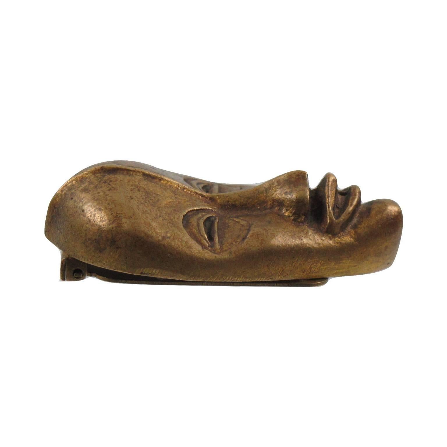 French Art Deco 1930s Bronze Pin Brooch Dress Clip Carved African Mask 1